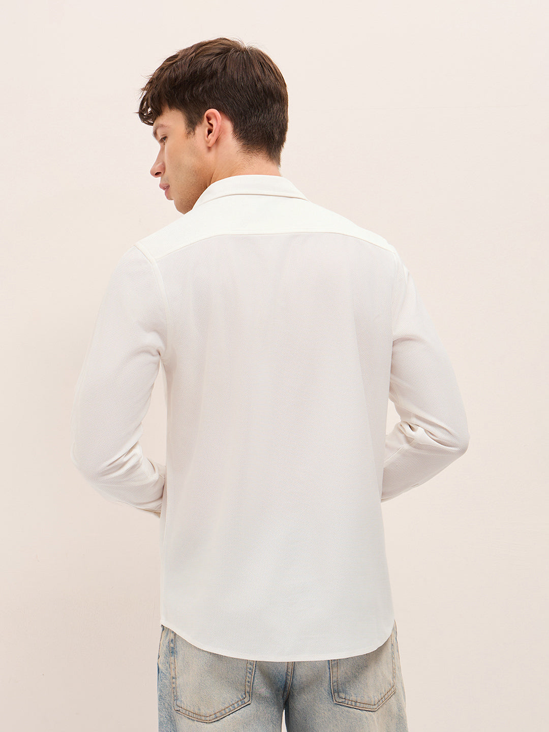 White Woven Textured Regular Fit Casual Shirt