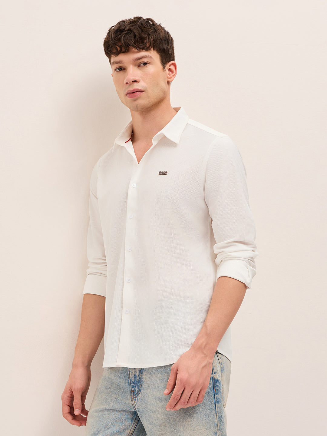 White Woven Textured Regular Fit Casual Shirt