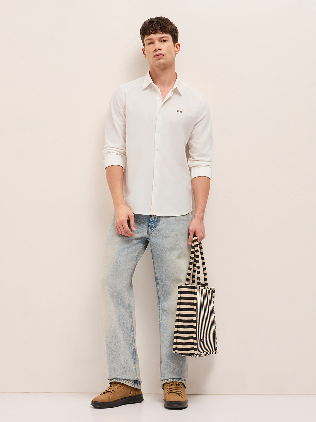 White Woven Textured Regular Fit Casual Shirt