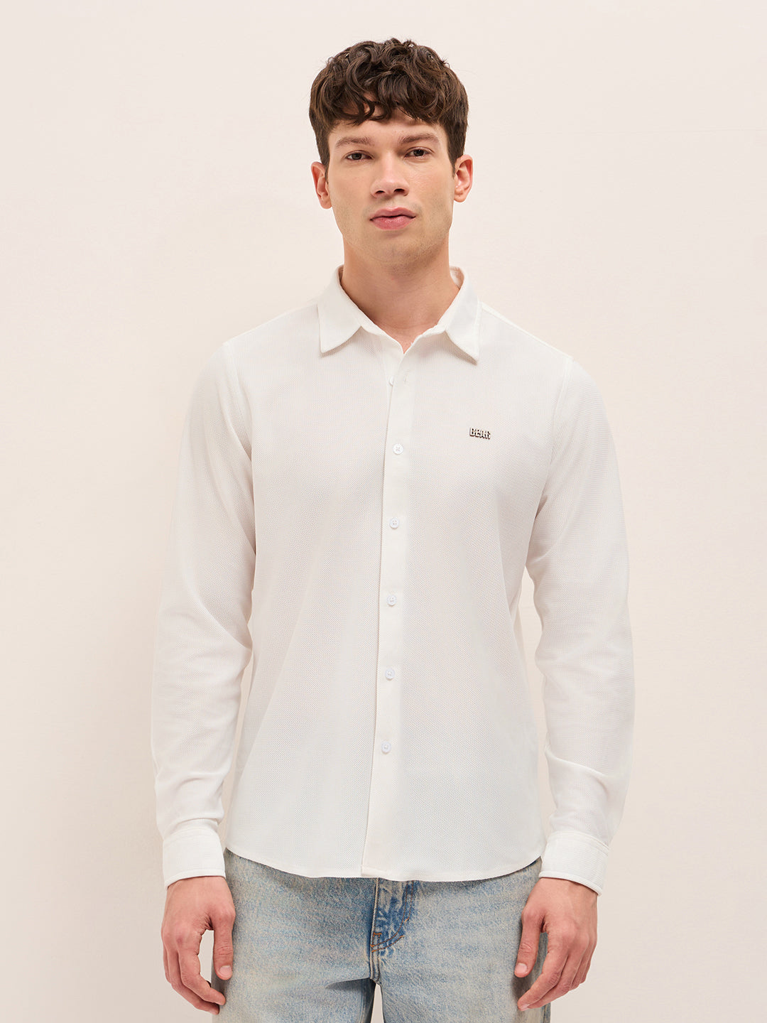 White Woven Textured Regular Fit Casual Shirt