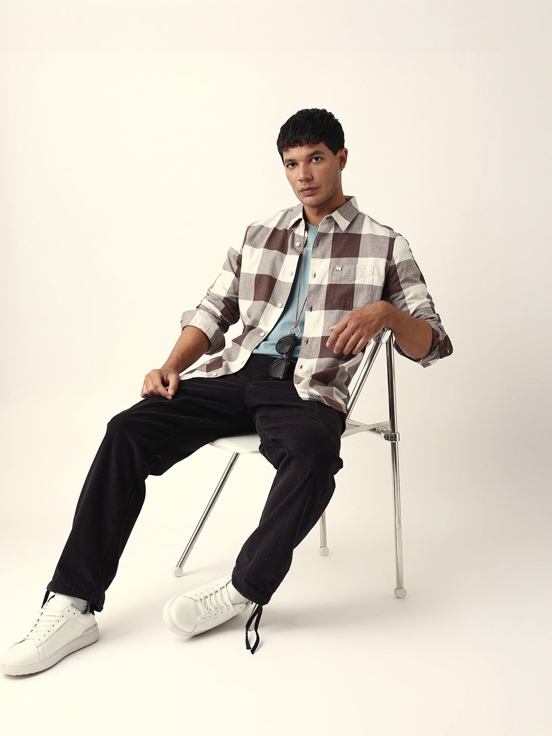 Brown with Cream Woven Checks Slim Fit Casual Shirt