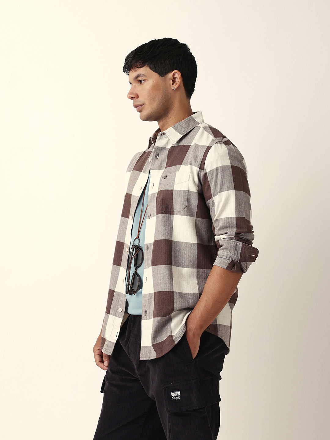 Brown with Cream Woven Checks Slim Fit Casual Shirt