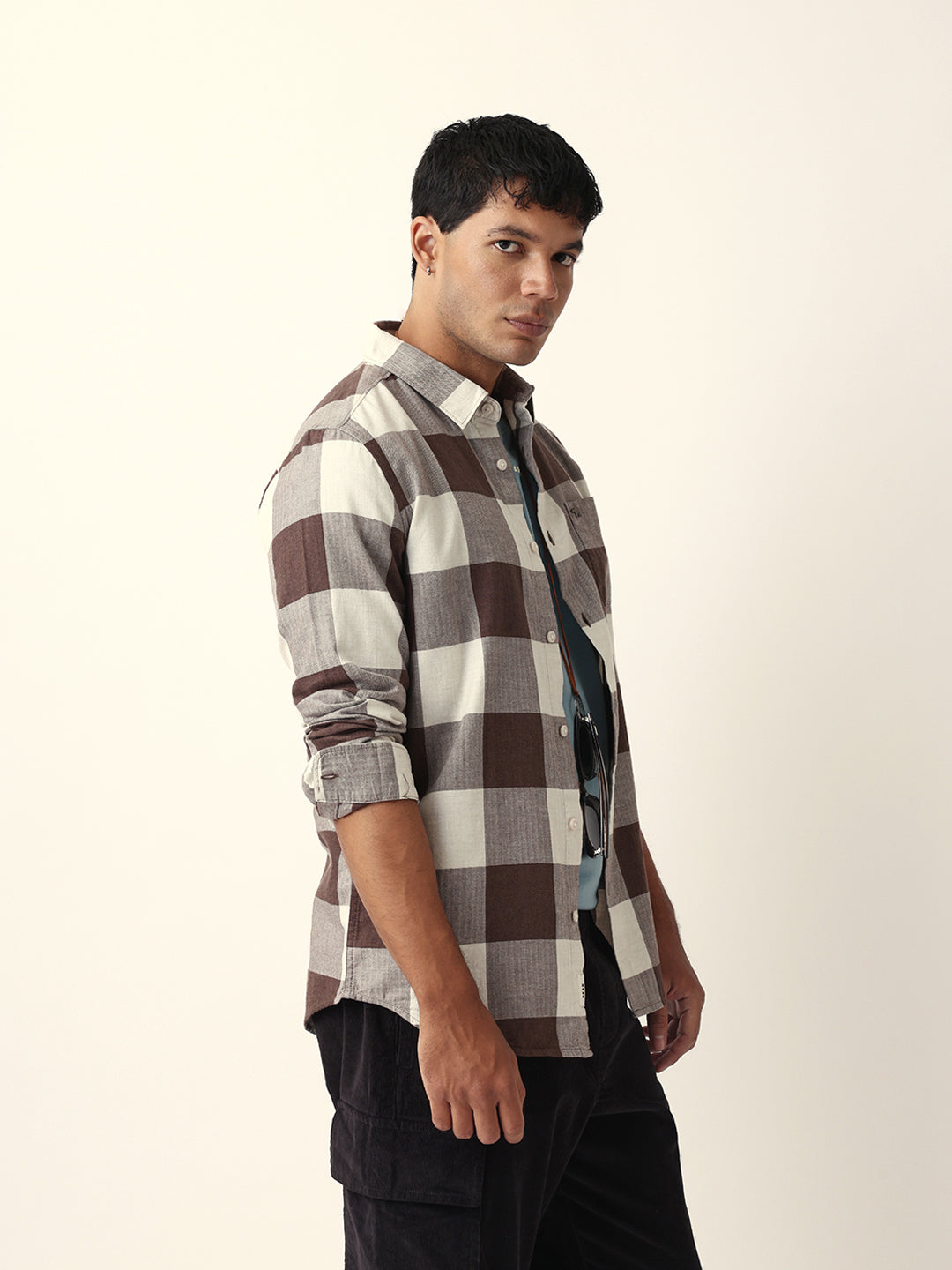 Brown with Cream Woven Checks Slim Fit Casual Shirt