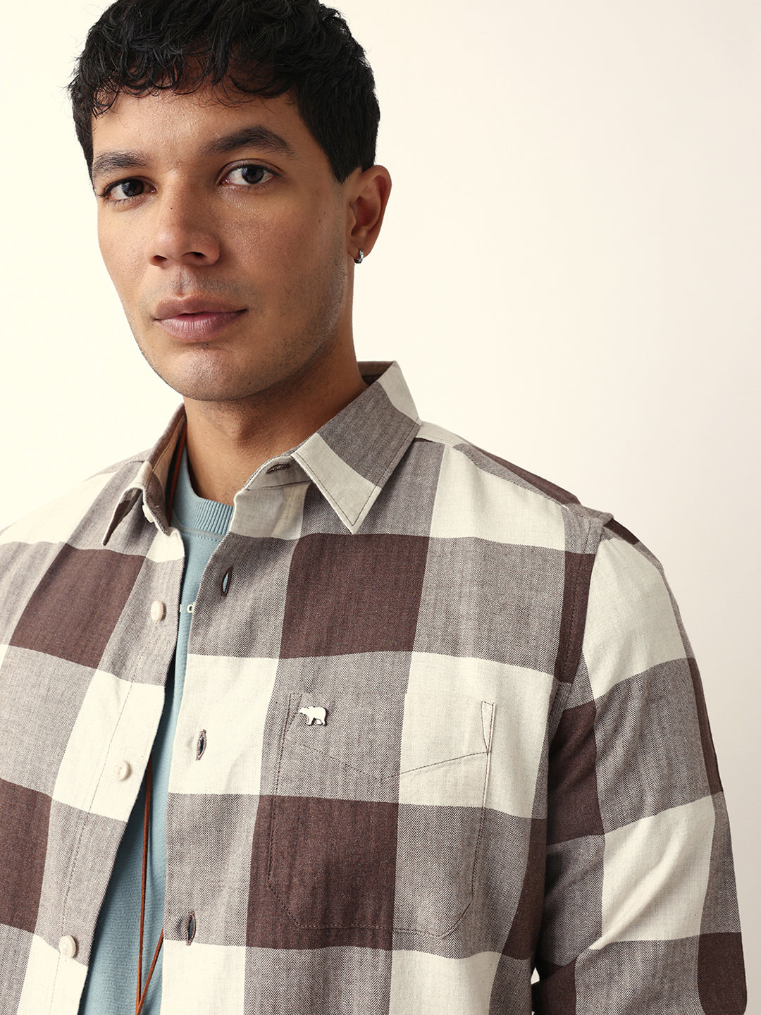 Brown with Cream Woven Checks Slim Fit Casual Shirt