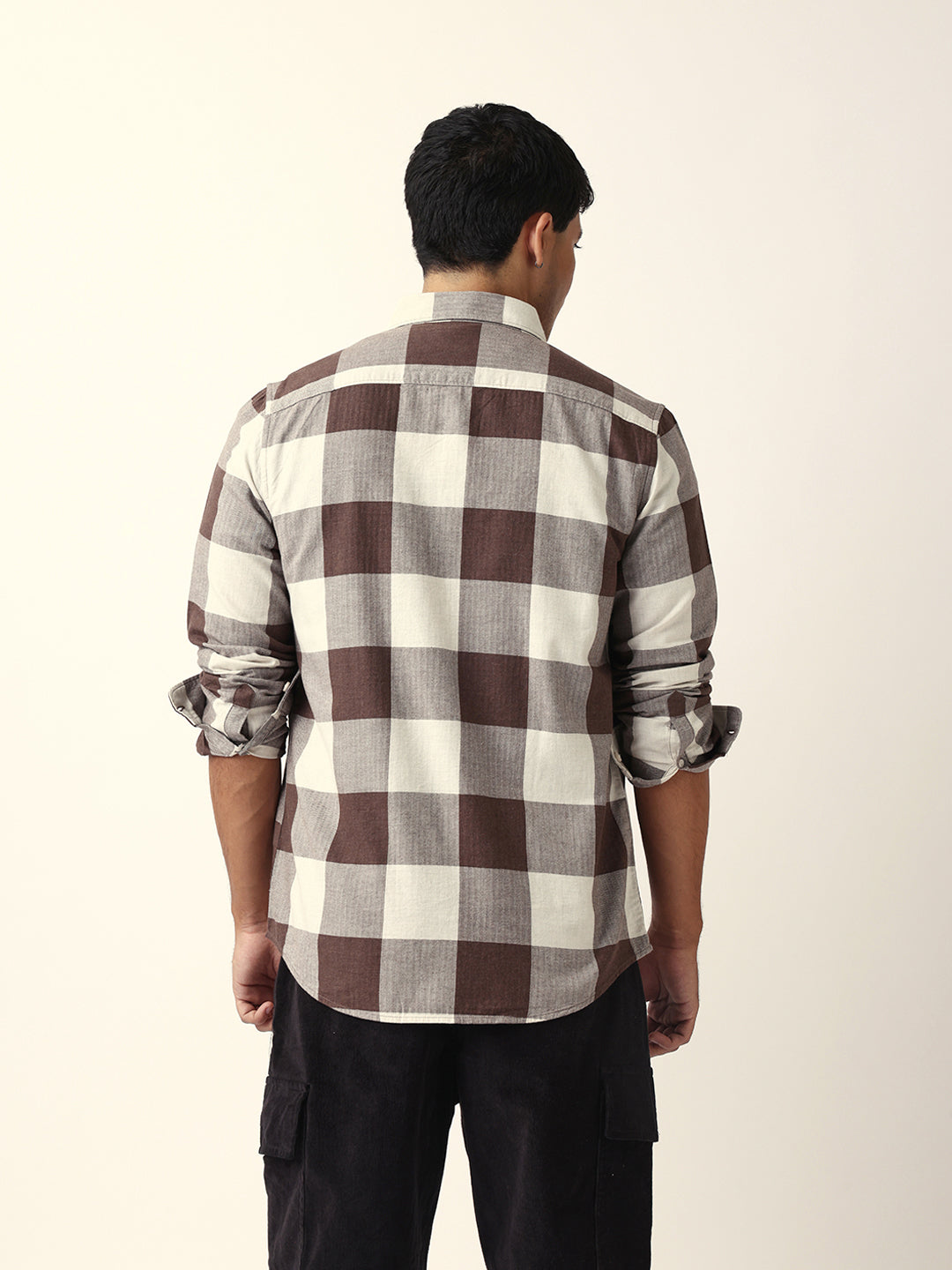 Brown with Cream Woven Checks Slim Fit Casual Shirt