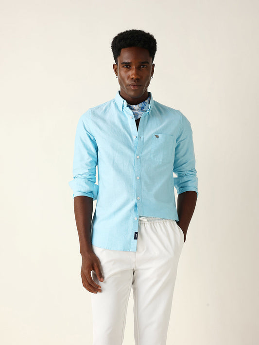 Sky Blue Cotton Solid Slim Fit Casual Shirt