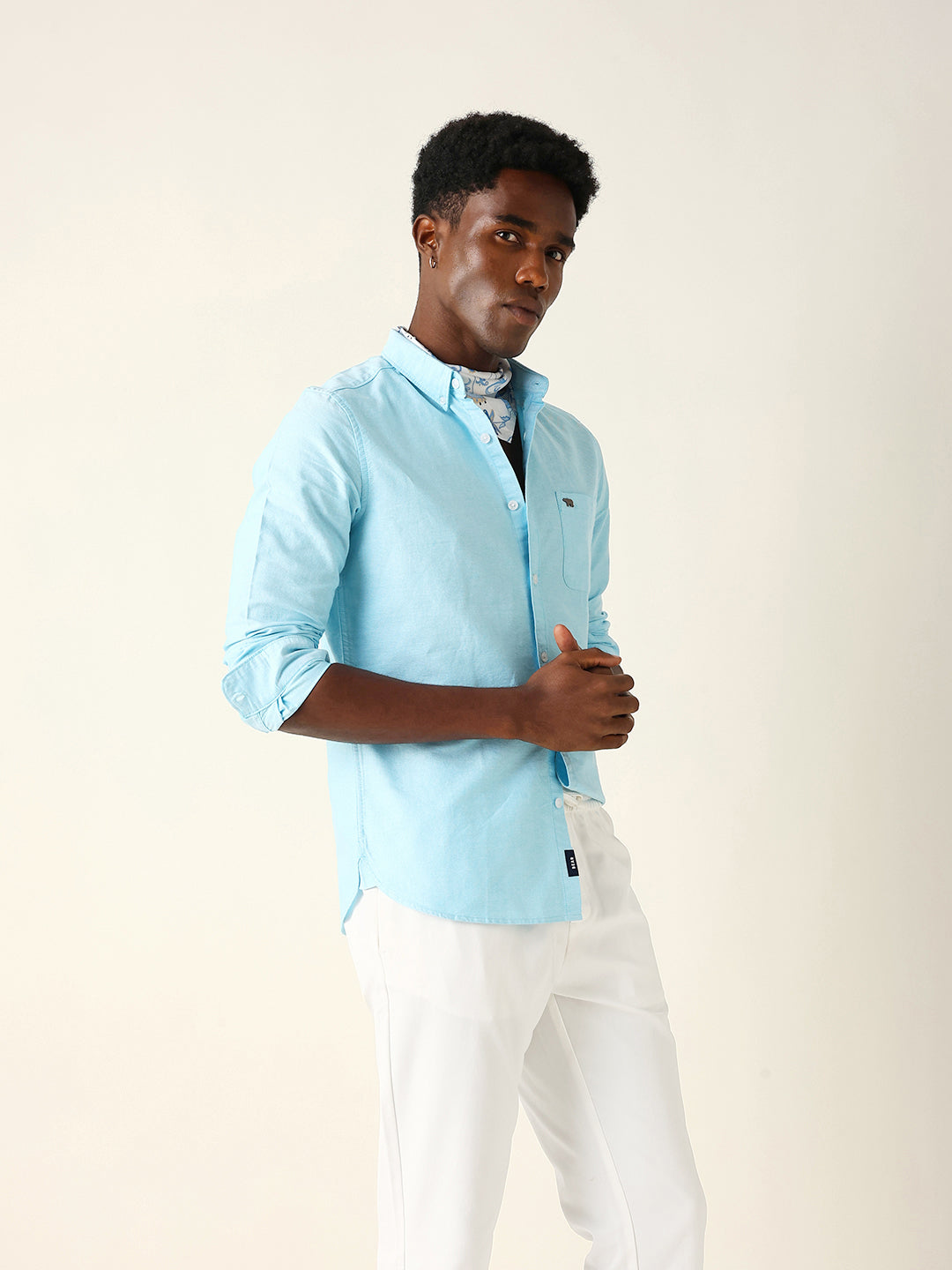 Sky Blue Cotton Solid Slim Fit Casual Shirt