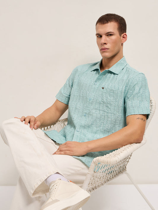 Blue Crinkle Textured Regular Fit Half-Sleeve Casual Shirt