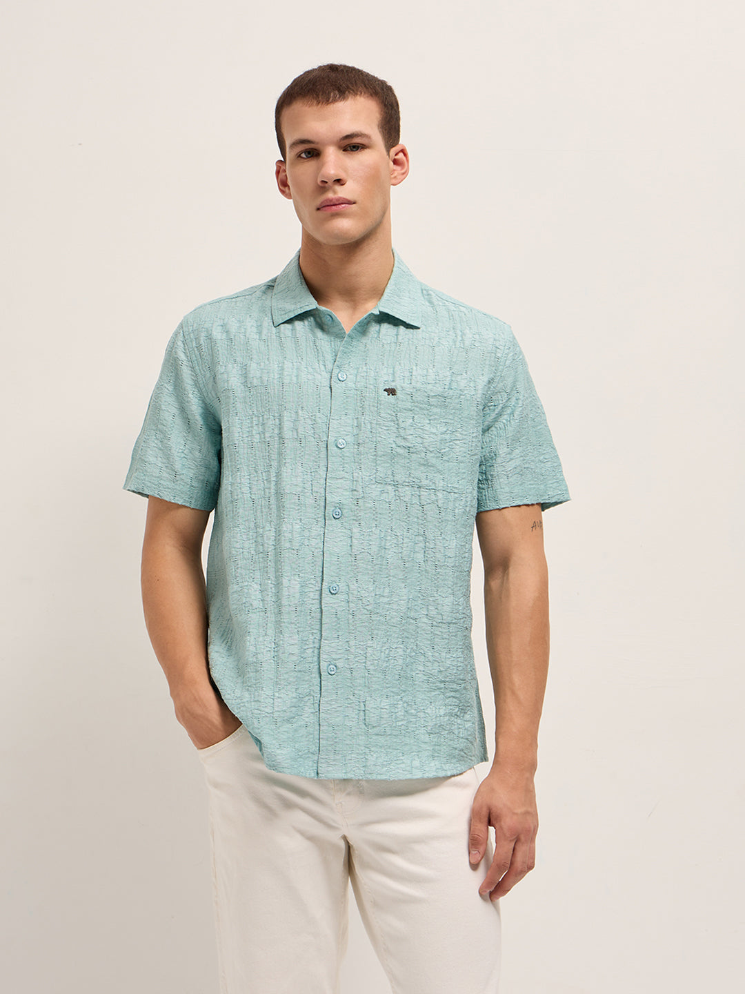 Blue Crinkle Textured Regular Fit Half-Sleeve Casual Shirt