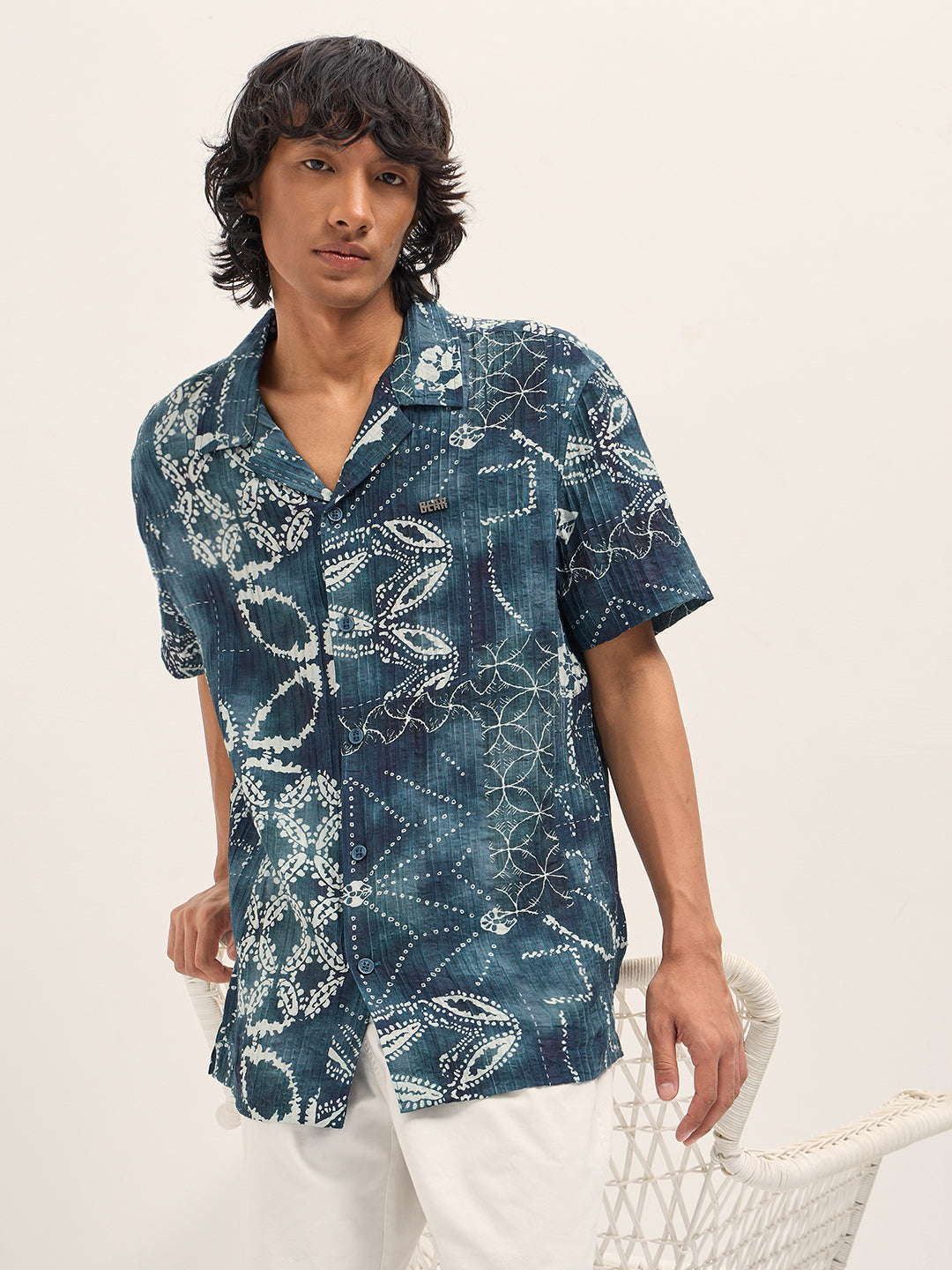Blue Viscose Paisley Print Relaxed Fit Cuban Collar Shirt