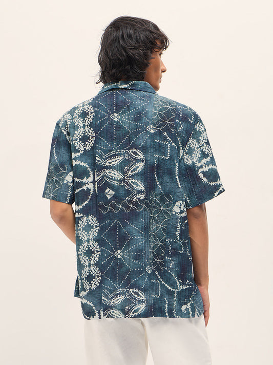 Blue Viscose Paisley Print Relaxed Fit Cuban Collar Shirt
