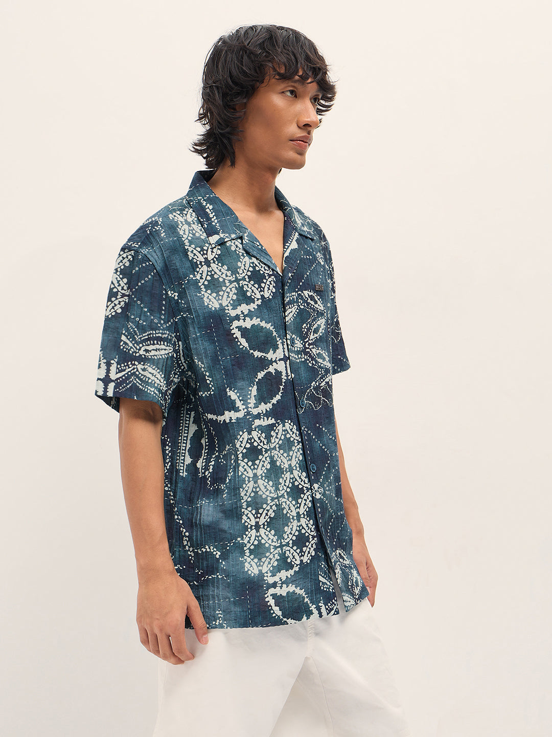 Blue Viscose Paisley Print Relaxed Fit Cuban Collar Shirt
