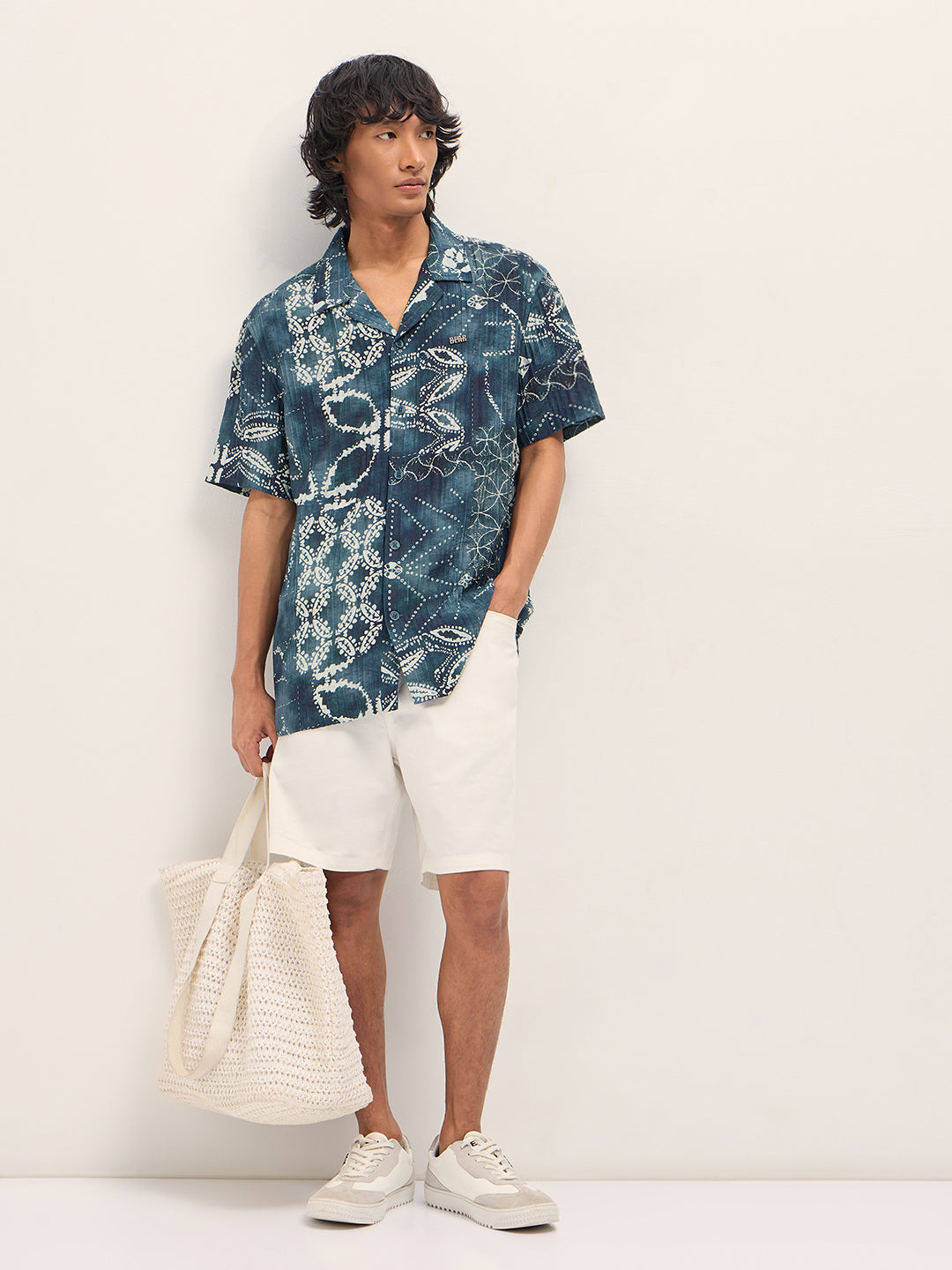 Blue Viscose Paisley Print Relaxed Fit Cuban Collar Shirt