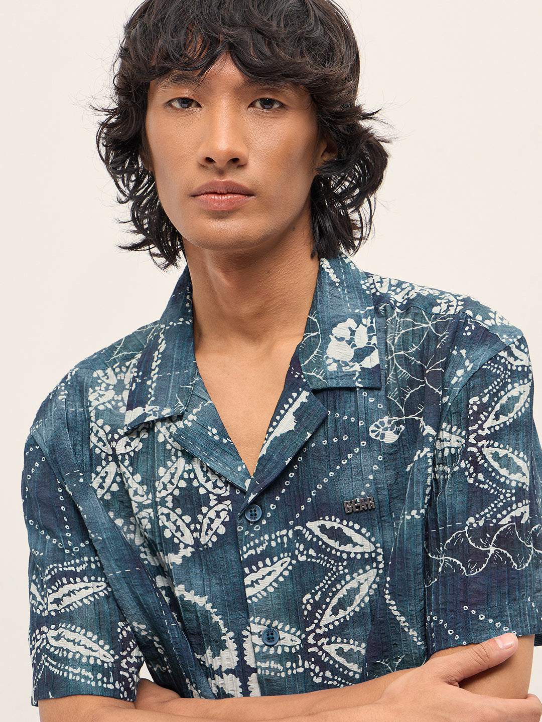 Blue Viscose Paisley Print Relaxed Fit Cuban Collar Shirt