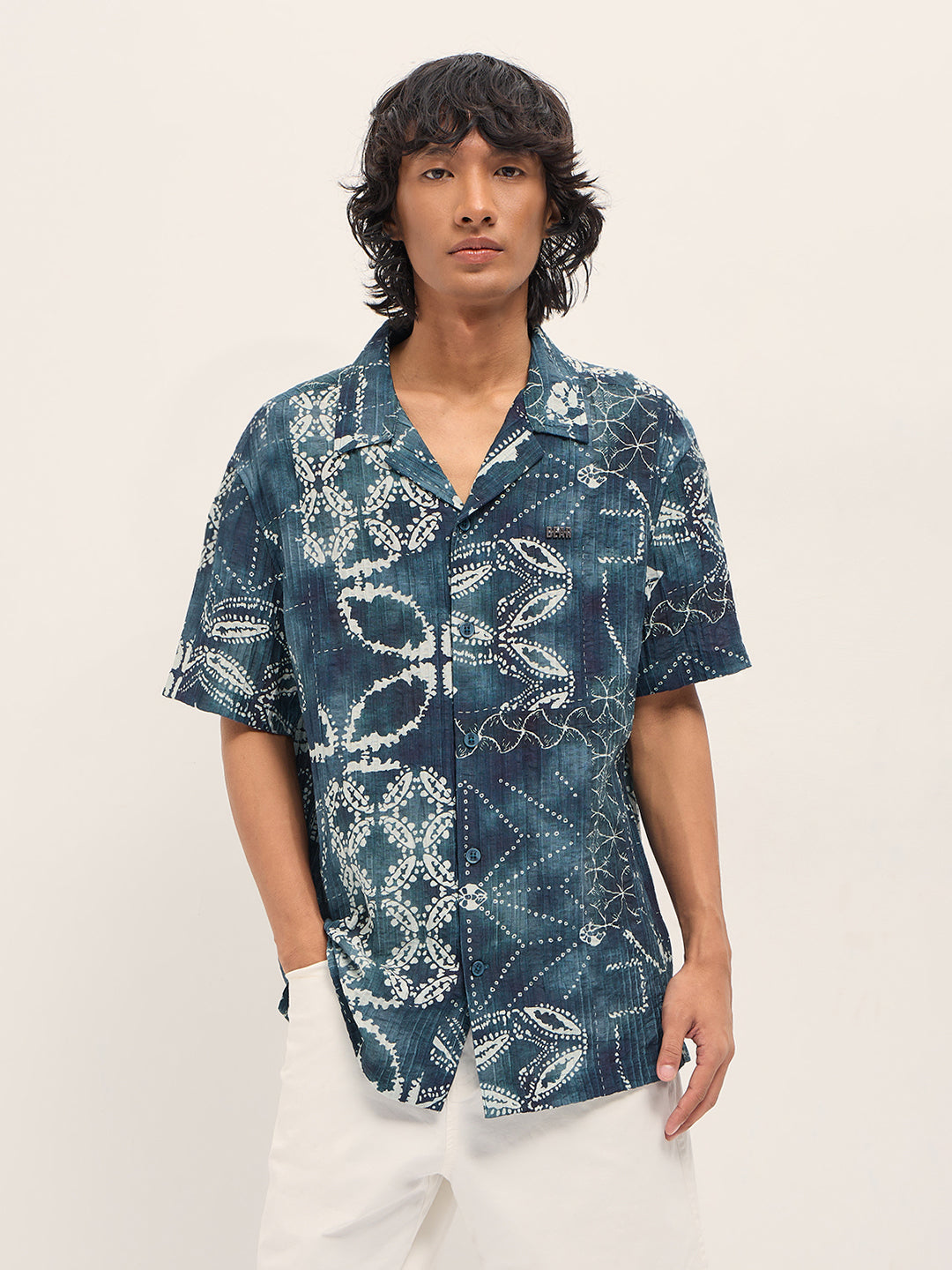 Blue Viscose Paisley Print Relaxed Fit Cuban Collar Shirt
