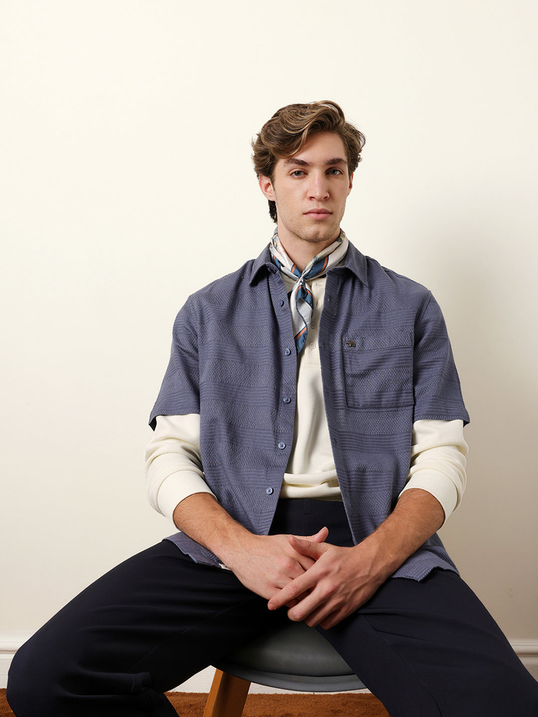 Blue Relaxed Fit Casual Half Sleeve Shirt with Textured Horizontal Stripes
