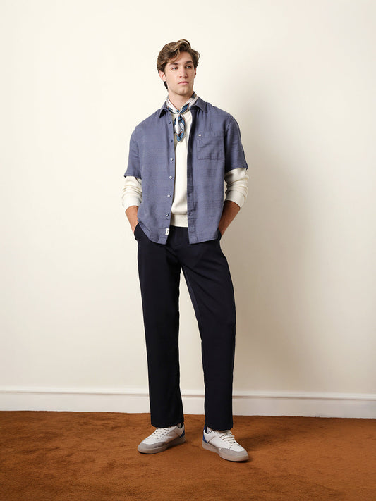 Blue Relaxed Fit Casual Half Sleeve Shirt with Textured Horizontal Stripes