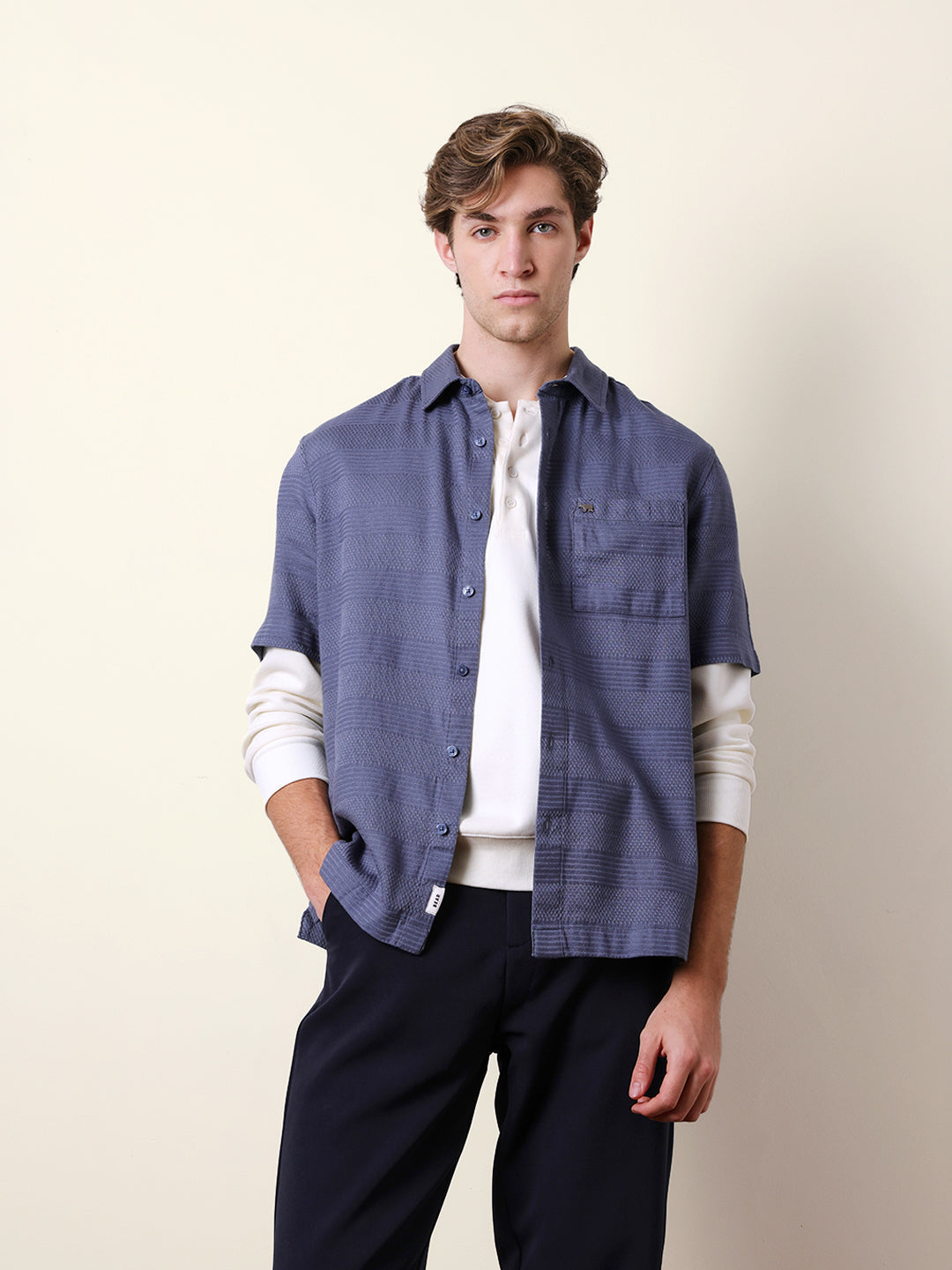 Blue Relaxed Fit Casual Half Sleeve Shirt with Textured Horizontal Stripes