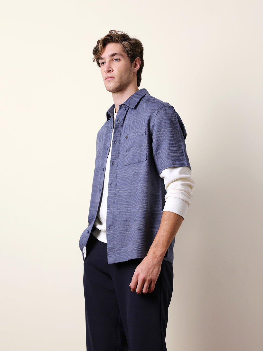 Blue Relaxed Fit Casual Half Sleeve Shirt with Textured Horizontal Stripes