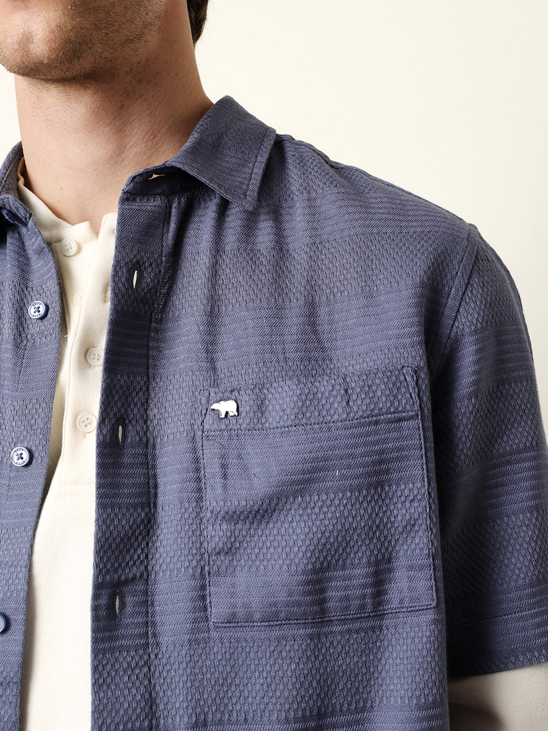 Blue Relaxed Fit Casual Half Sleeve Shirt with Textured Horizontal Stripes