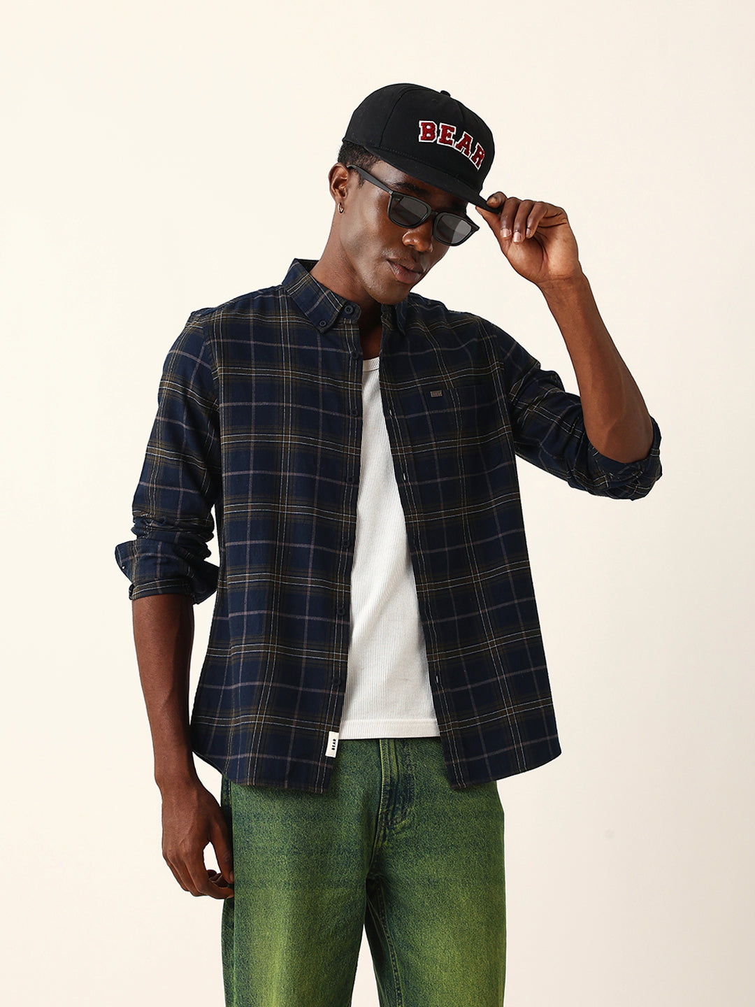 Blue & Mustard Woven Checked Slim Fit Casual Shirt