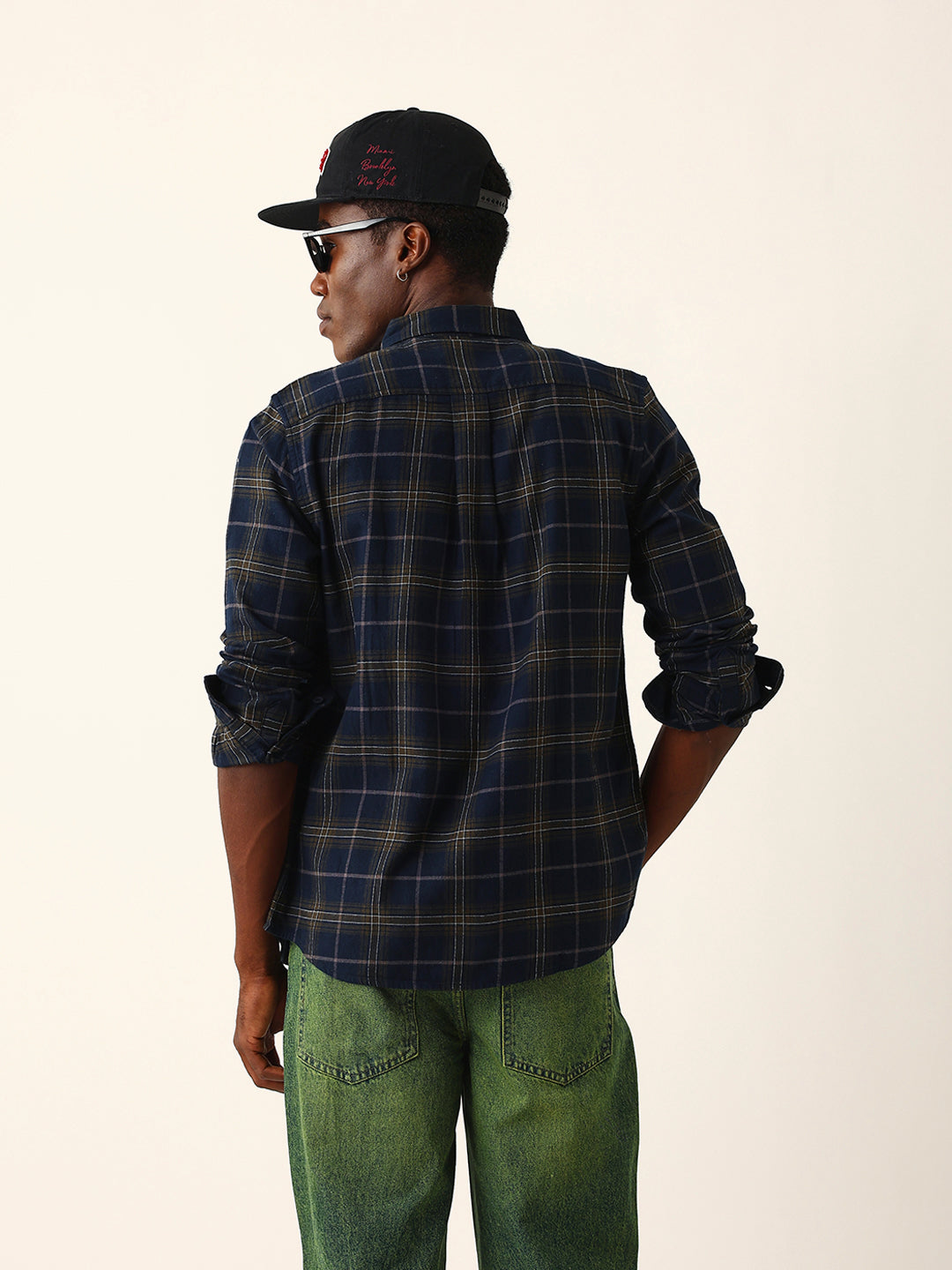 Blue & Mustard Woven Checked Slim Fit Casual Shirt