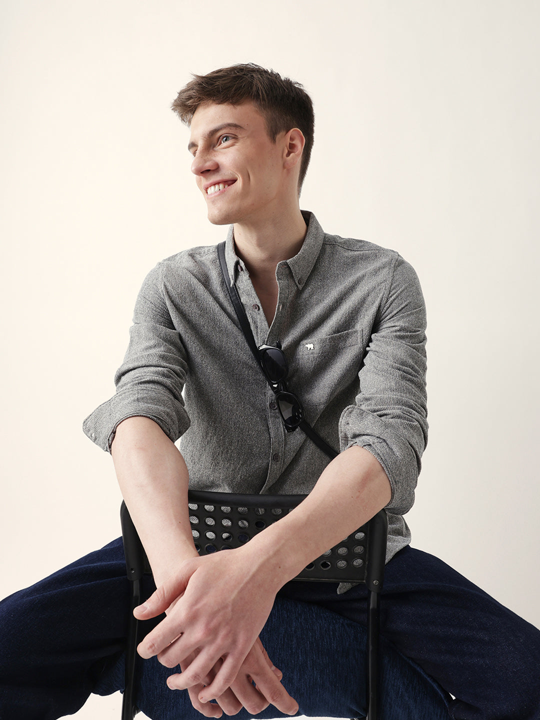 Grey Textured Woven Striped Slim Fit Casual Shirt