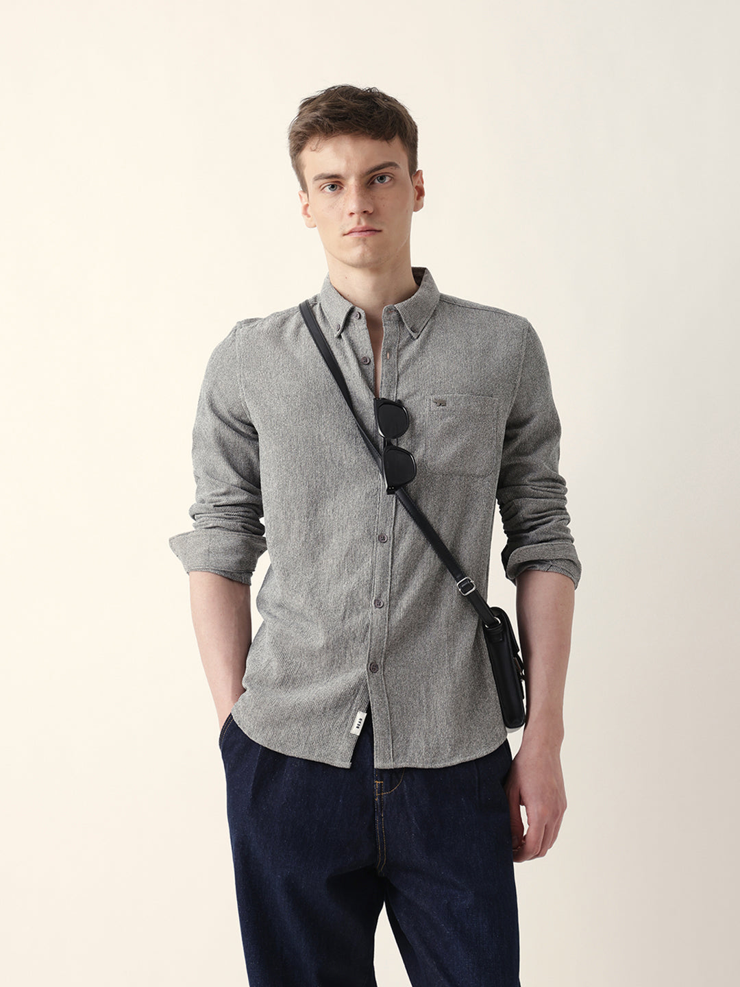 Grey Textured Woven Striped Slim Fit Casual Shirt