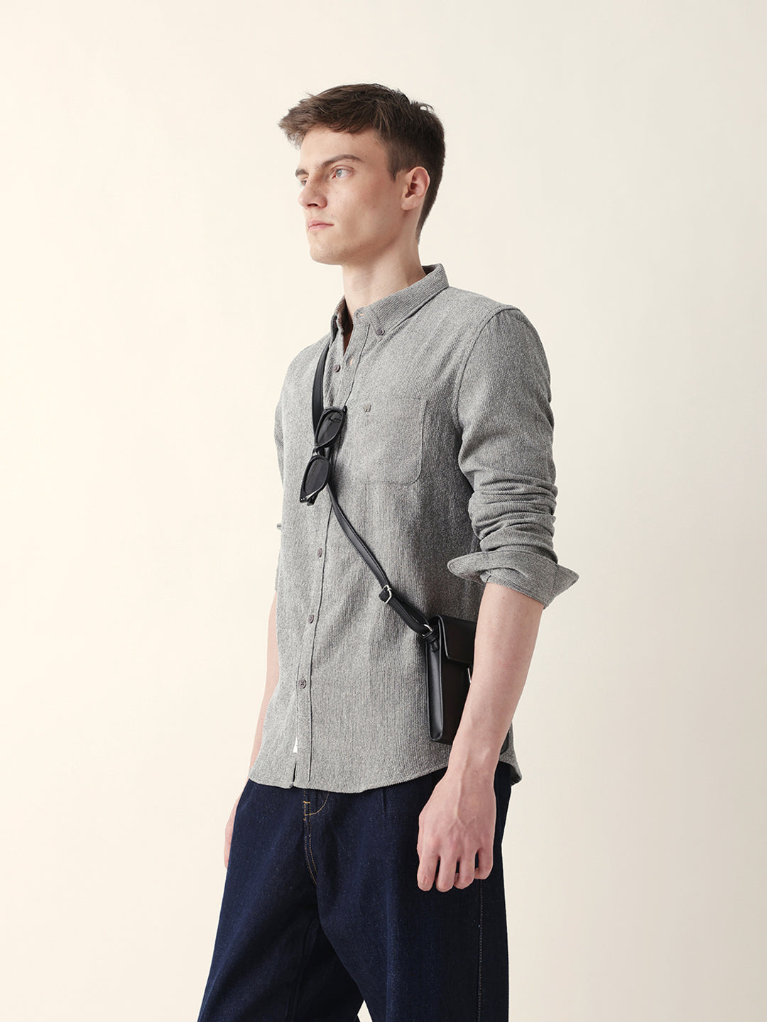 Grey Textured Woven Striped Slim Fit Casual Shirt