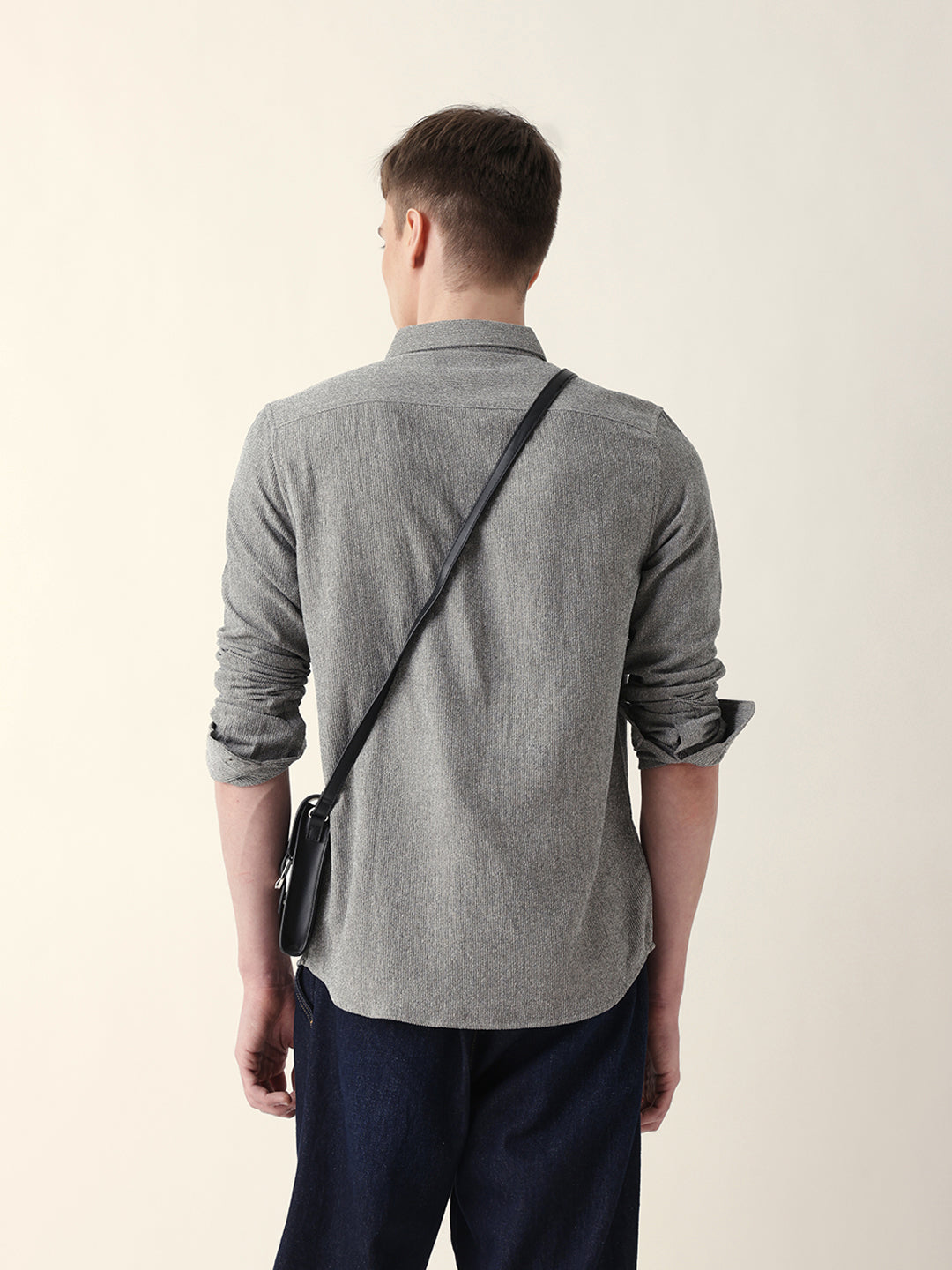 Grey Textured Woven Striped Slim Fit Casual Shirt