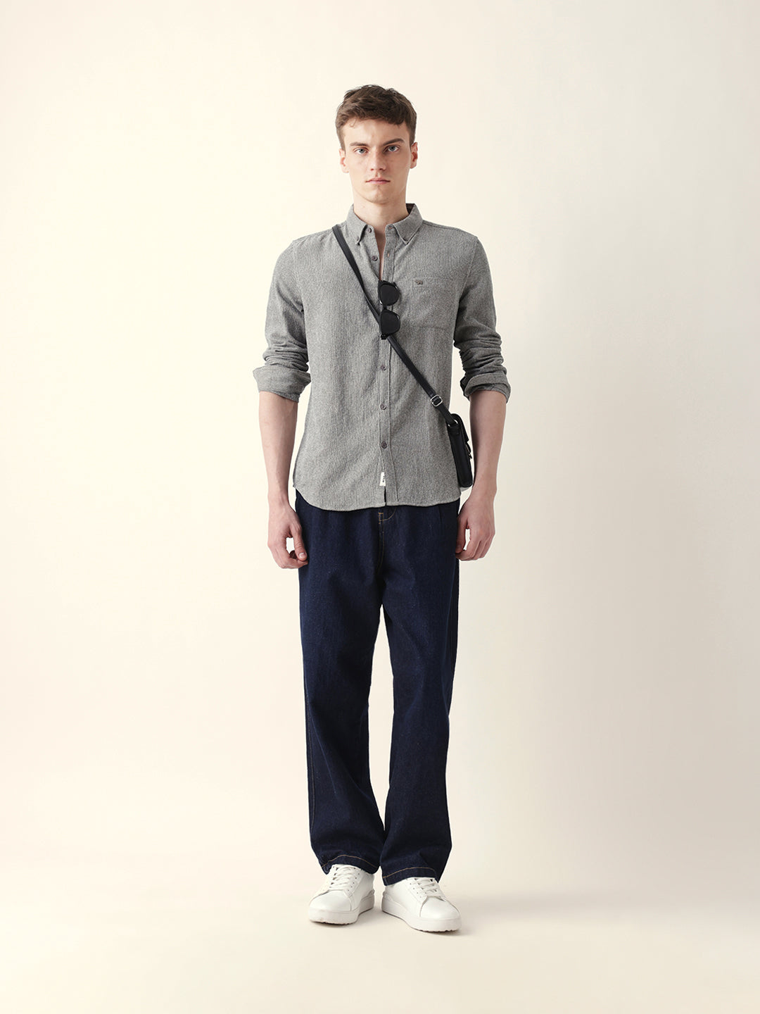 Grey Textured Woven Striped Slim Fit Casual Shirt