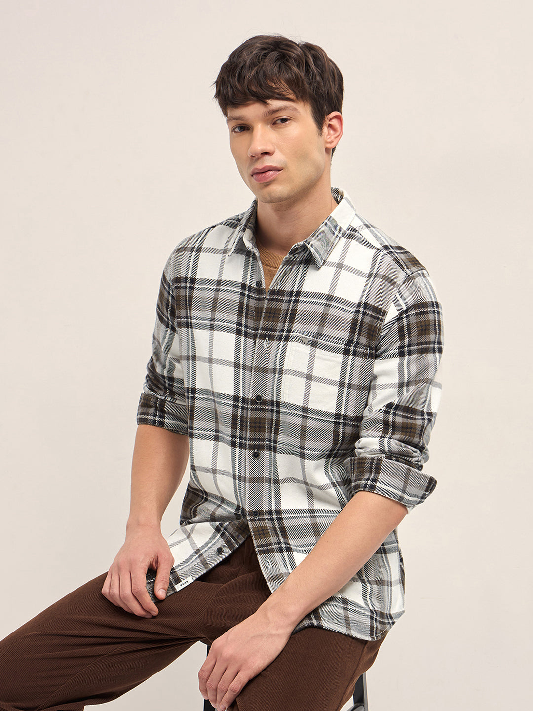 Cream & Brown Woven Check Regular Fit Casual Shirt