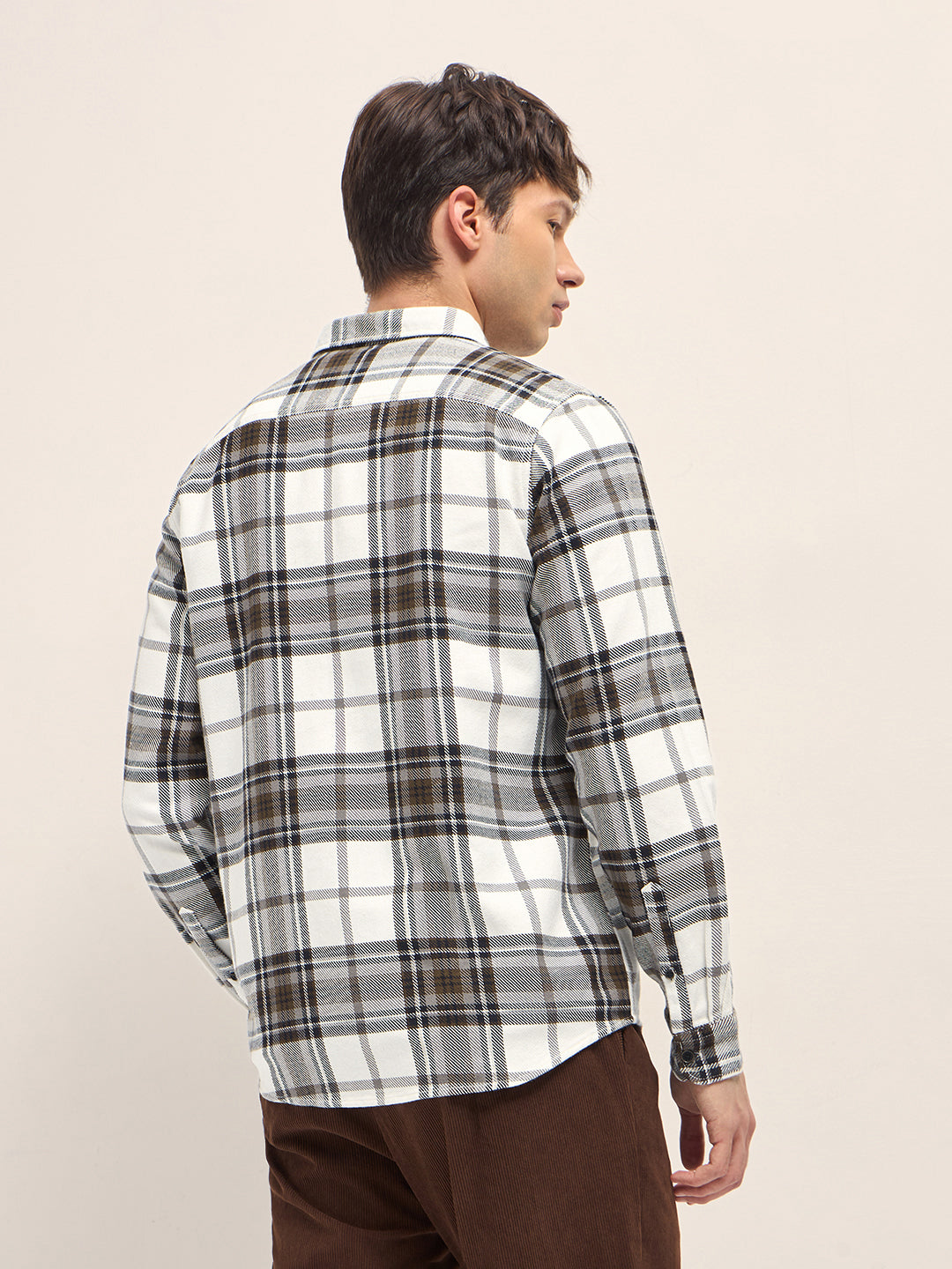 Cream & Brown Woven Check Regular Fit Casual Shirt