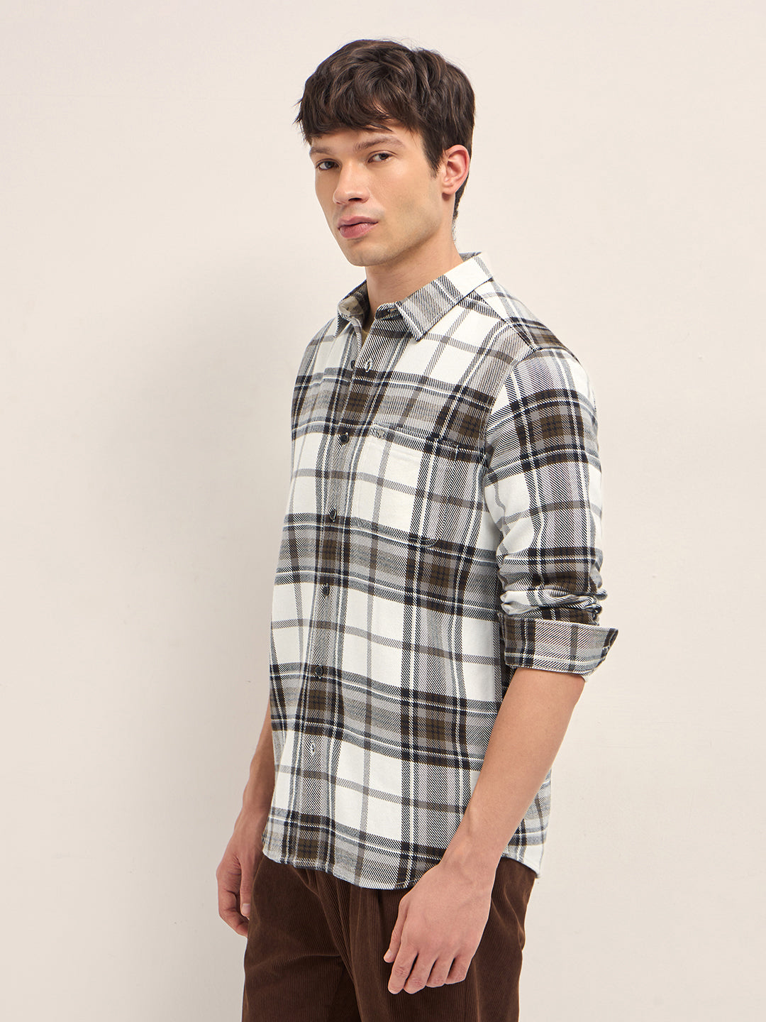 Cream & Brown Woven Check Regular Fit Casual Shirt