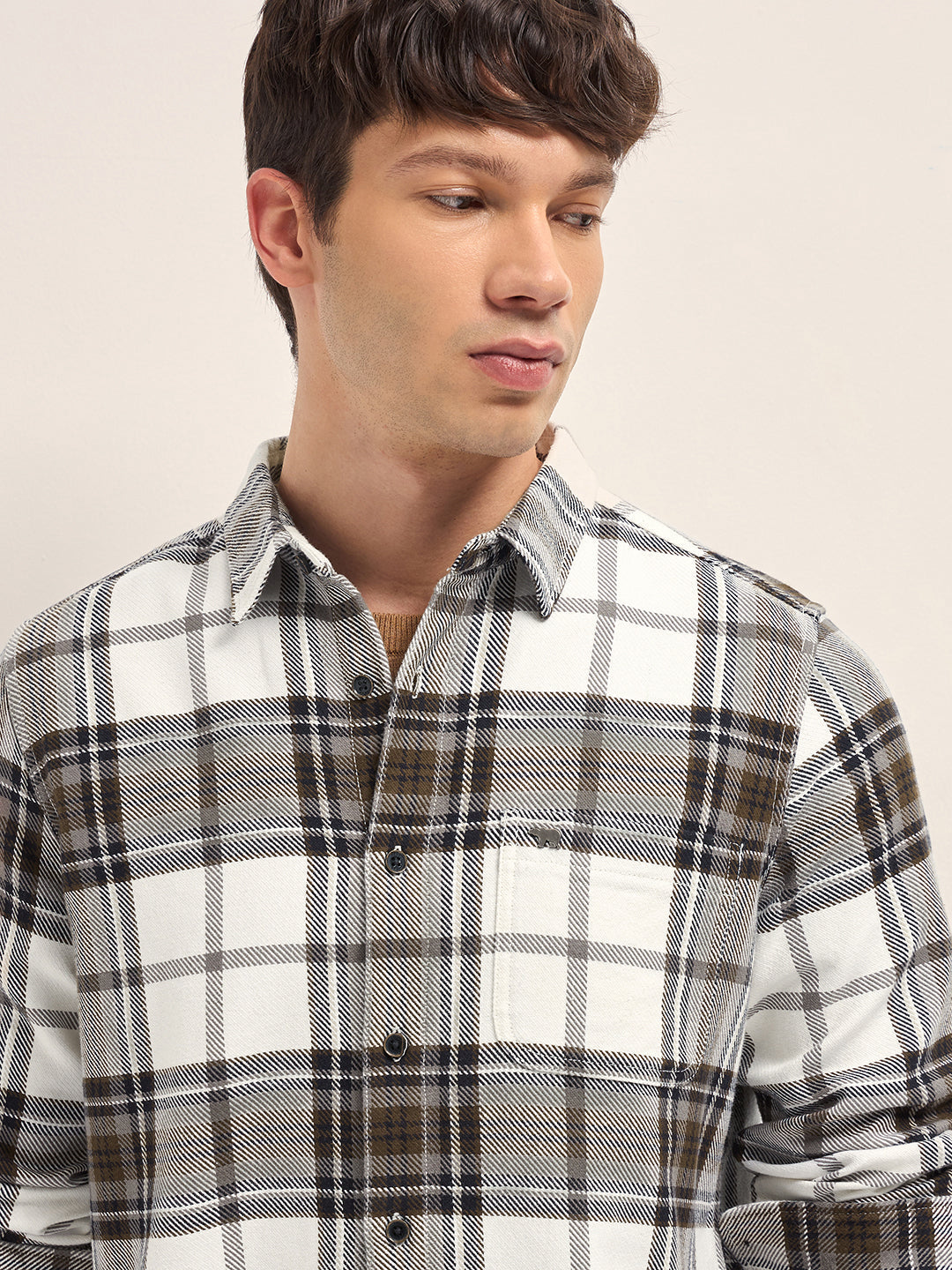 Cream & Brown Woven Check Regular Fit Casual Shirt