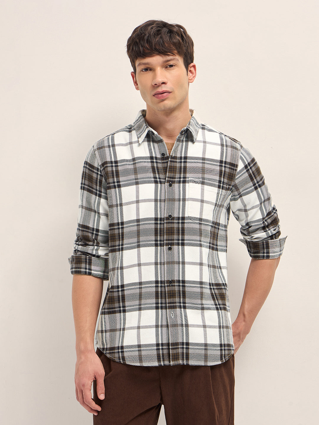Cream & Brown Woven Check Regular Fit Casual Shirt
