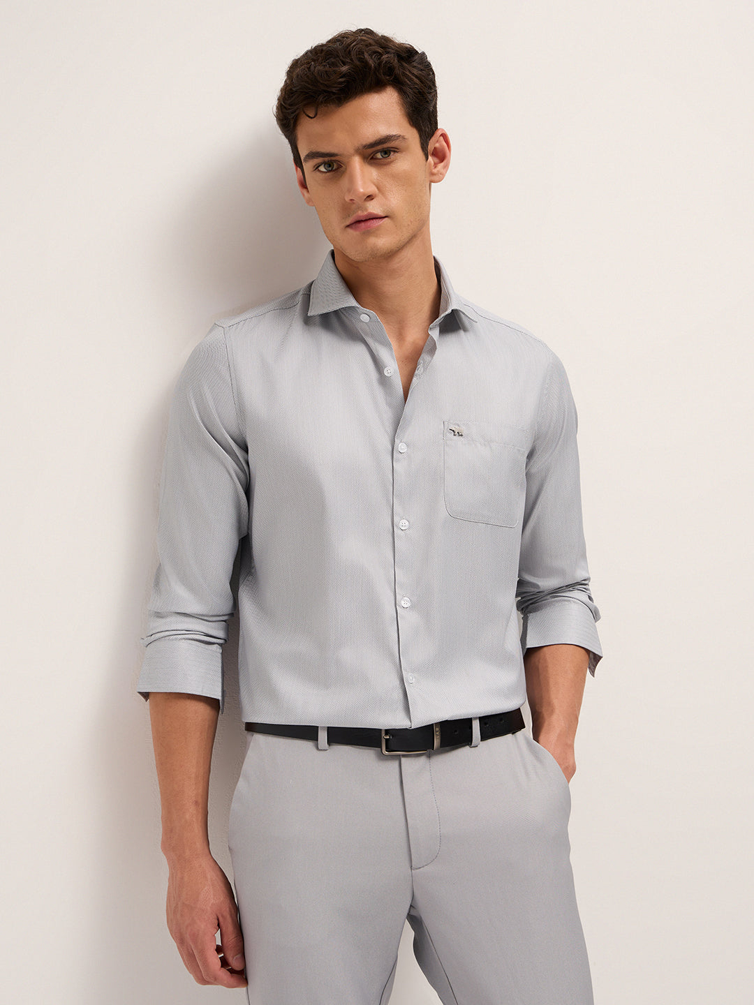 Grey Herringbone Woven Tailored Fit Formal Shirt