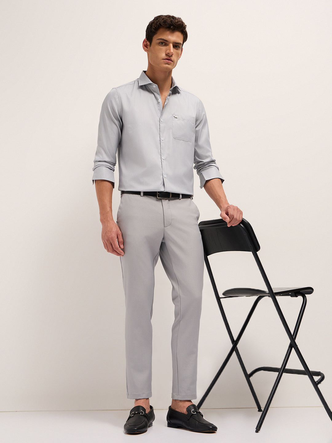 Grey Herringbone Woven Tailored Fit Formal Shirt