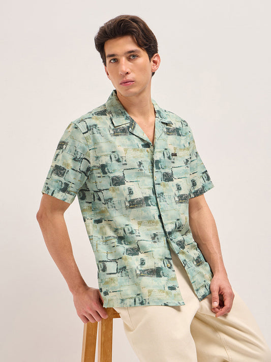 Multicolor Relaxed Fit Cuban Collar Shirt with Brick Geometric Print