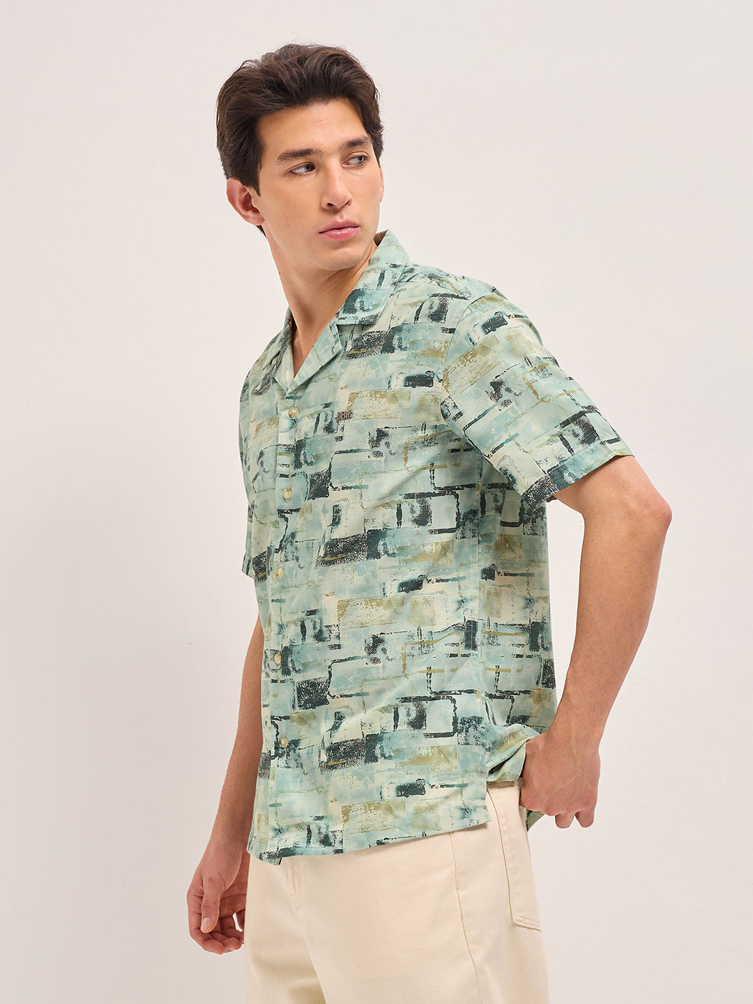 Multicolor Relaxed Fit Cuban Collar Shirt with Brick Geometric Print