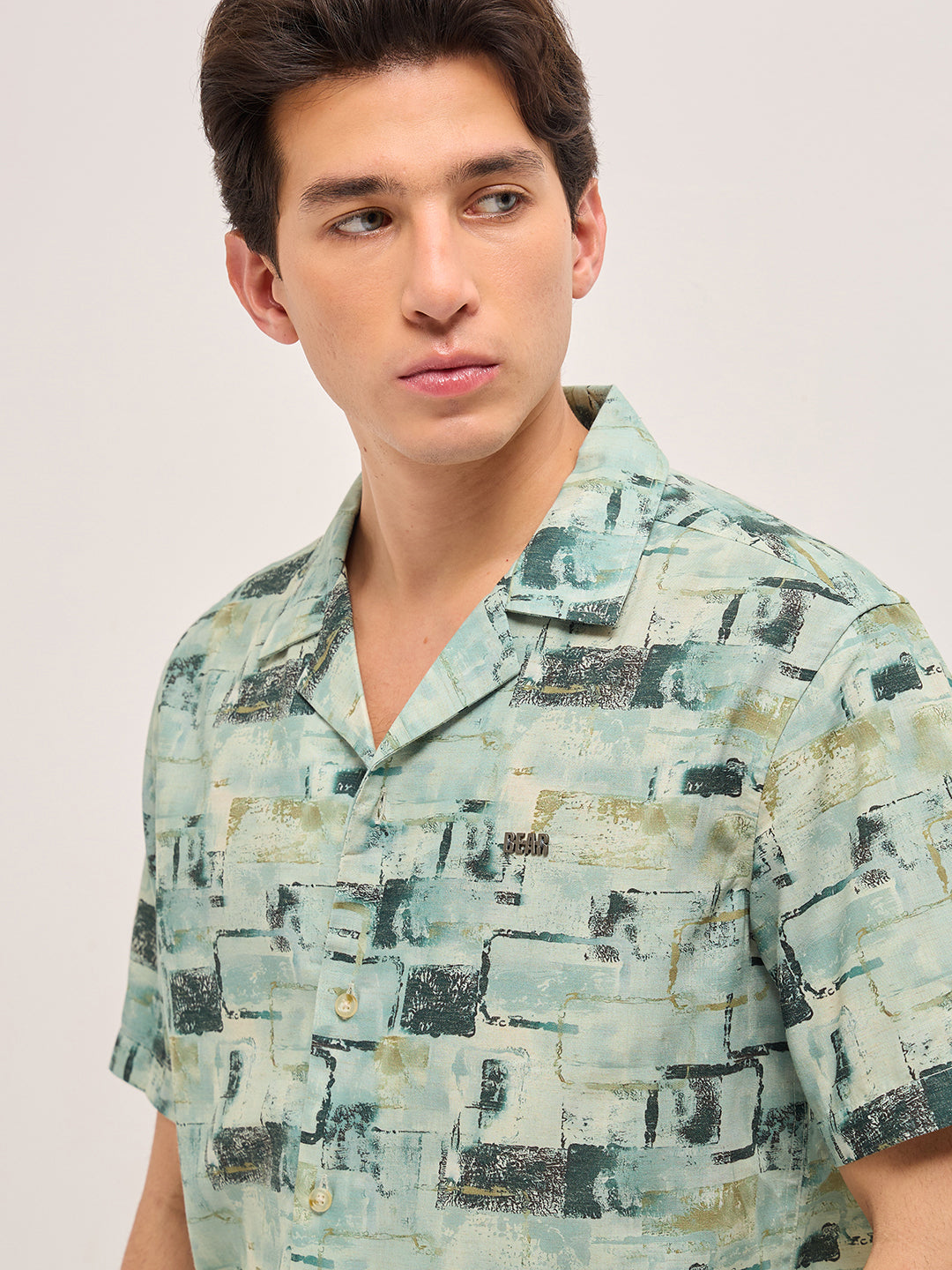 Multicolor Relaxed Fit Cuban Collar Shirt with Brick Geometric Print
