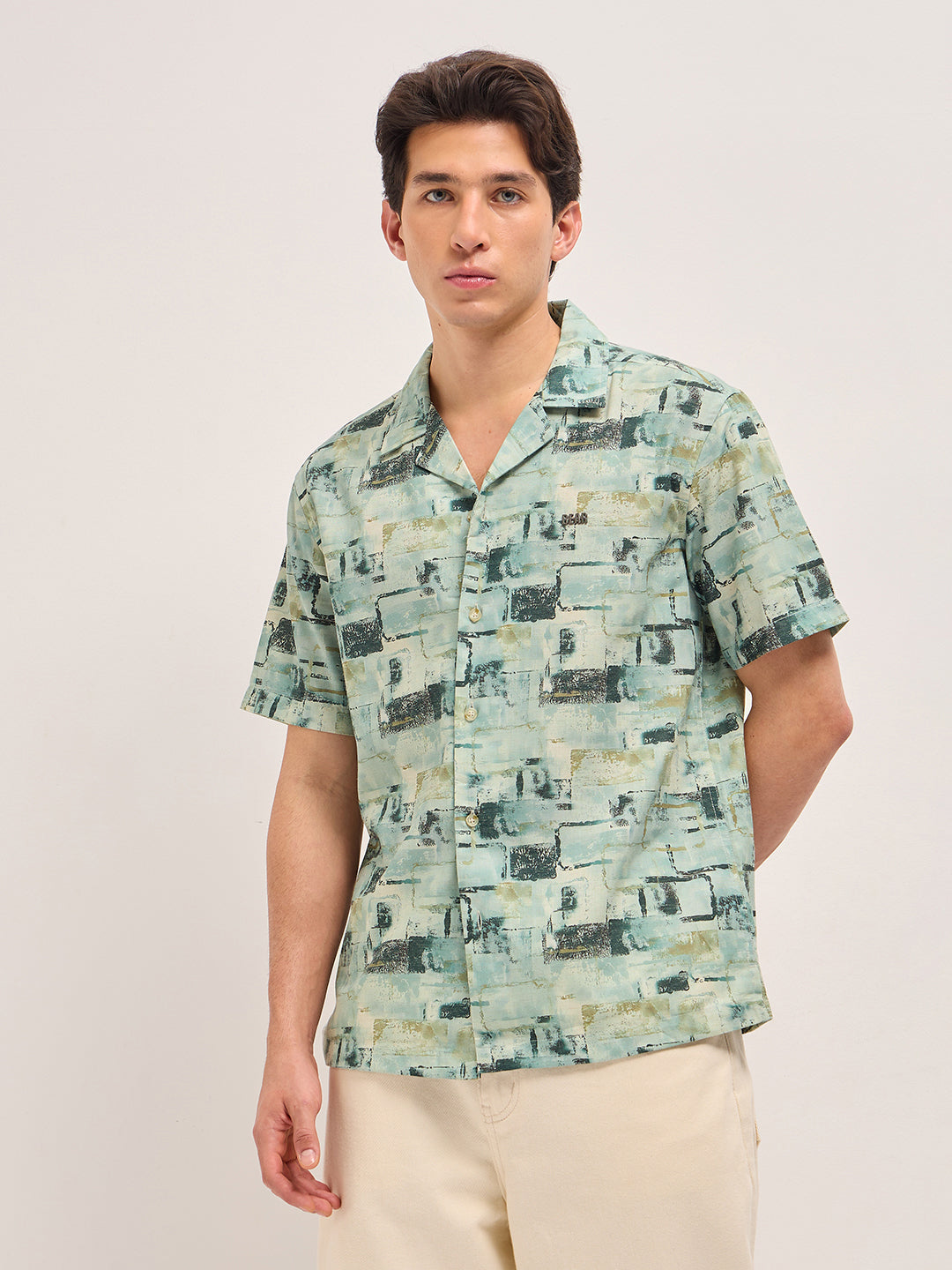 Multicolor Relaxed Fit Cuban Collar Shirt with Brick Geometric Print
