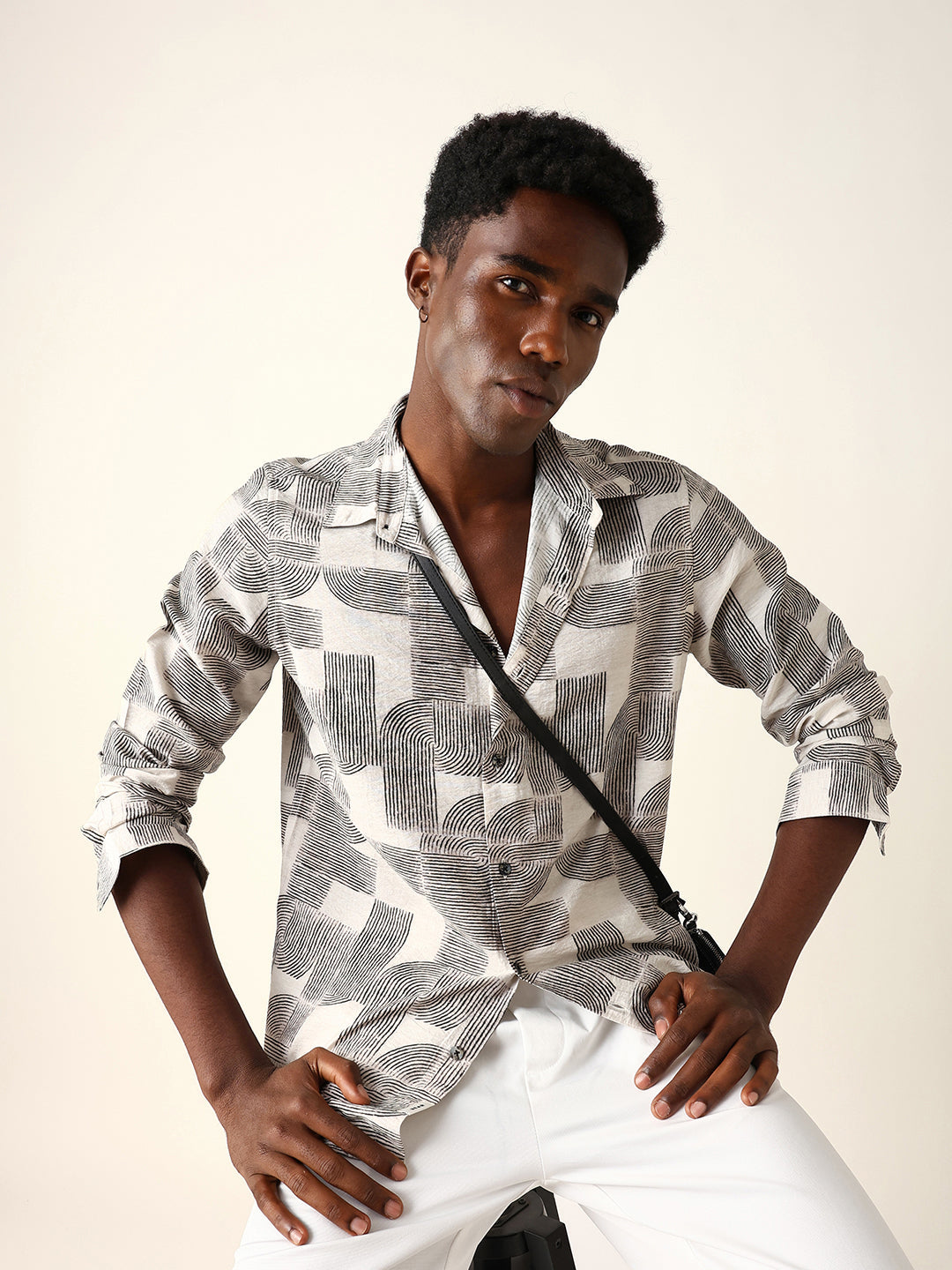 Beige & Black Geometric Printed Regular Fit Casual Shirt