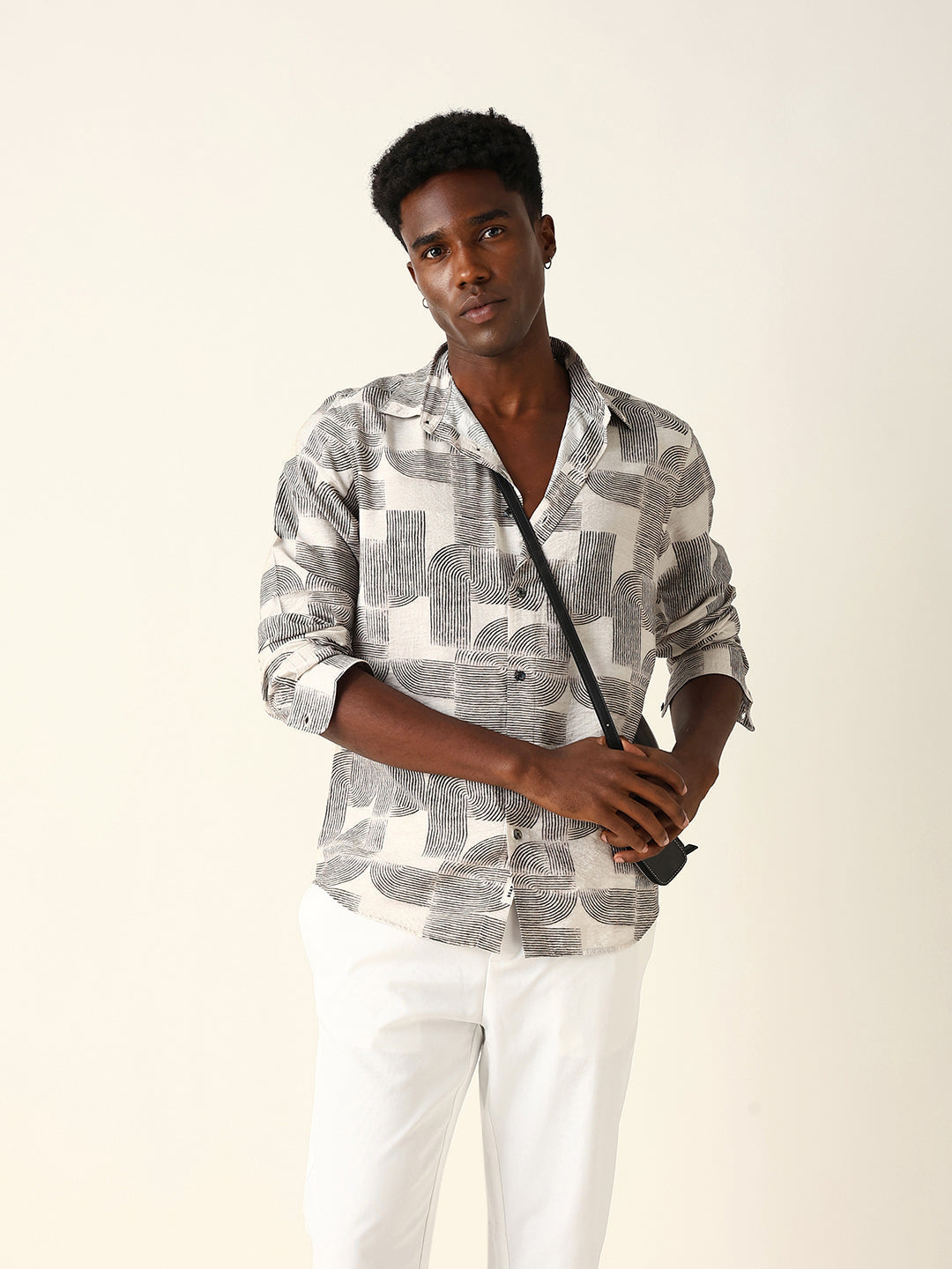 Beige & Black Geometric Printed Regular Fit Casual Shirt