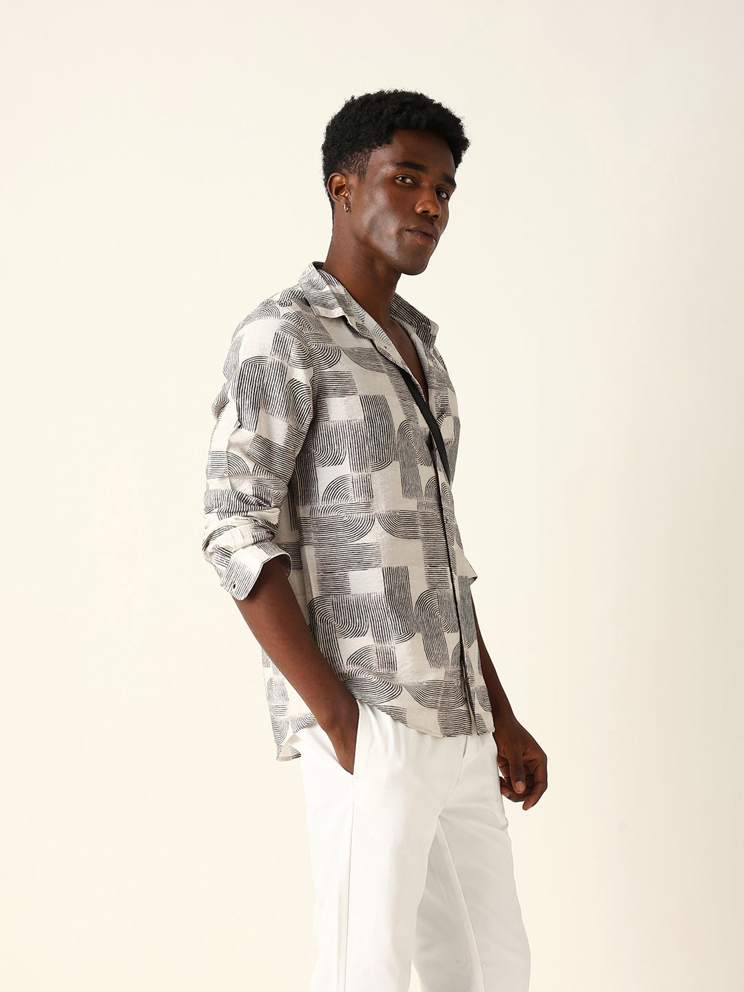 Beige & Black Geometric Printed Regular Fit Casual Shirt