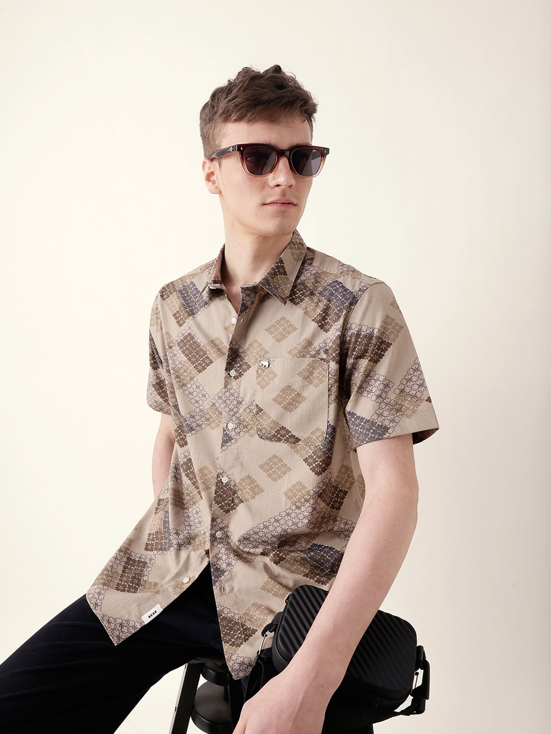 Beige Regular Fit Casual Shirt with Geometric Floral Grid Print