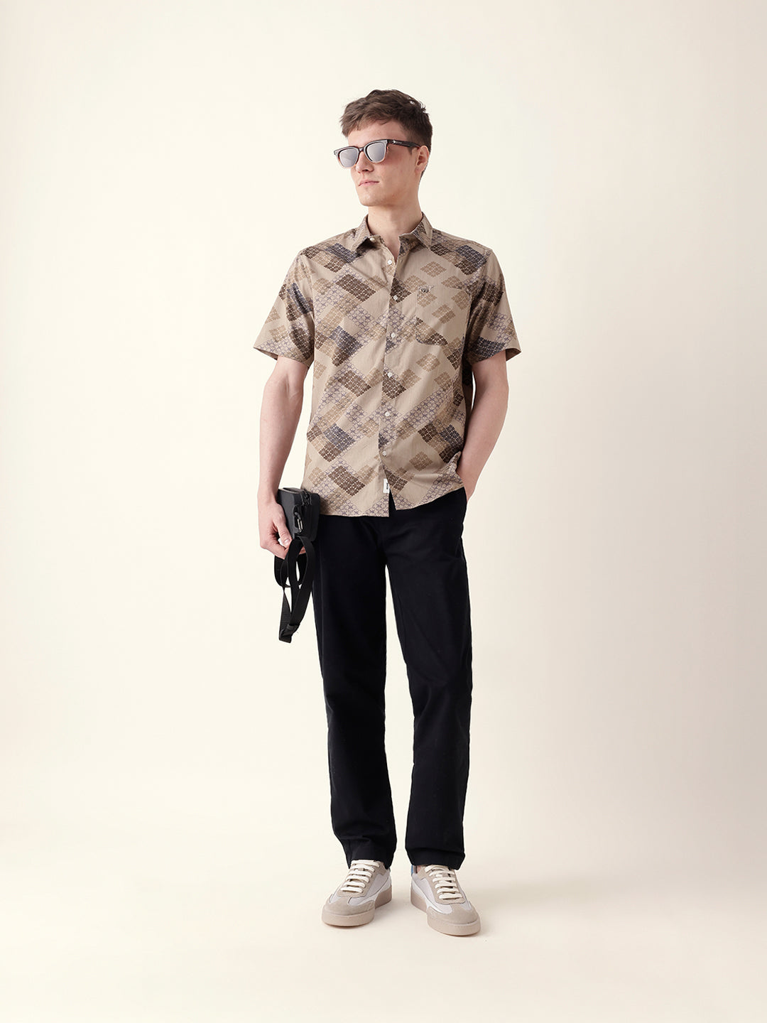 Beige Regular Fit Casual Shirt with Geometric Floral Grid Print