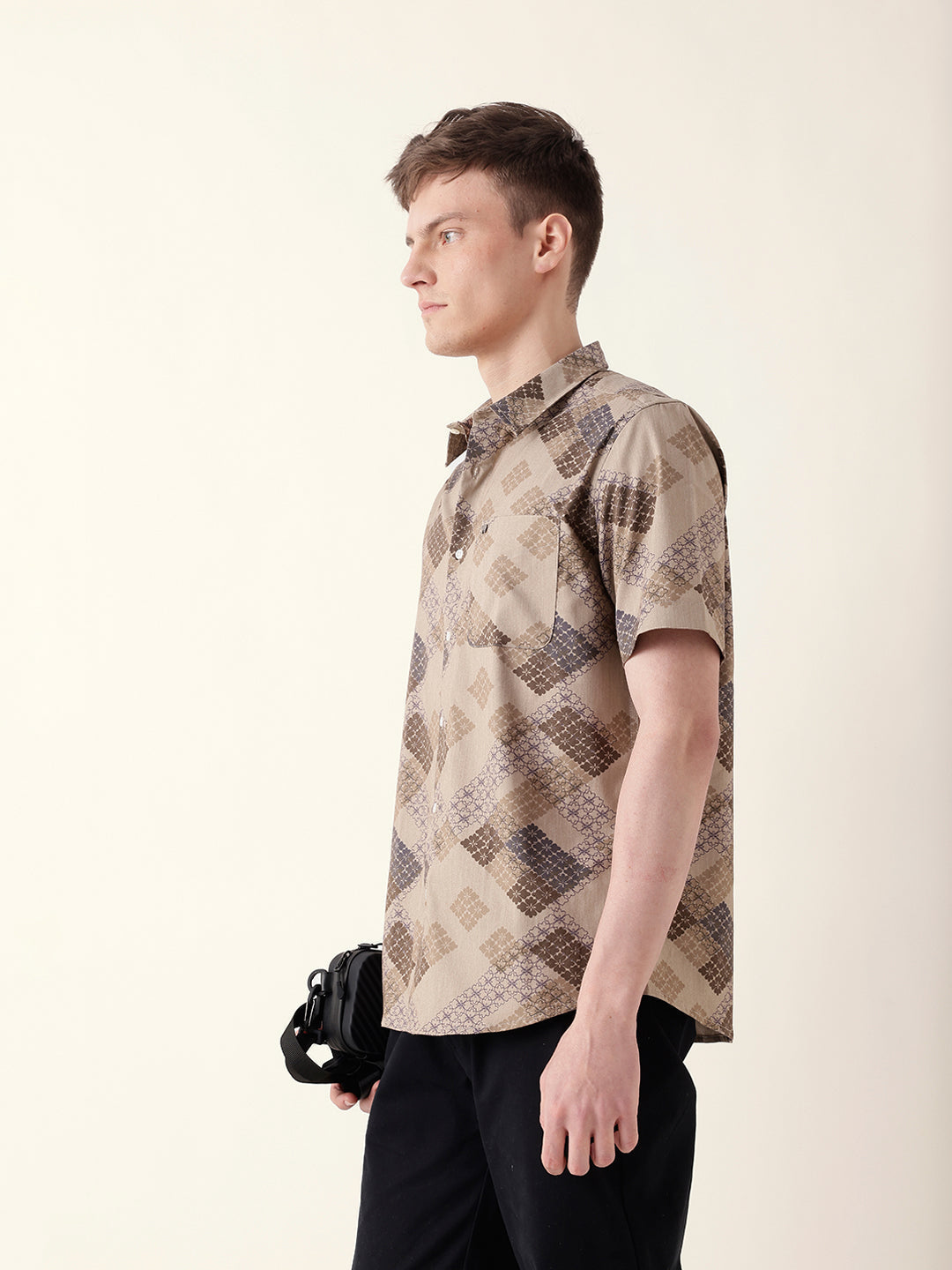 Beige Regular Fit Casual Shirt with Geometric Floral Grid Print