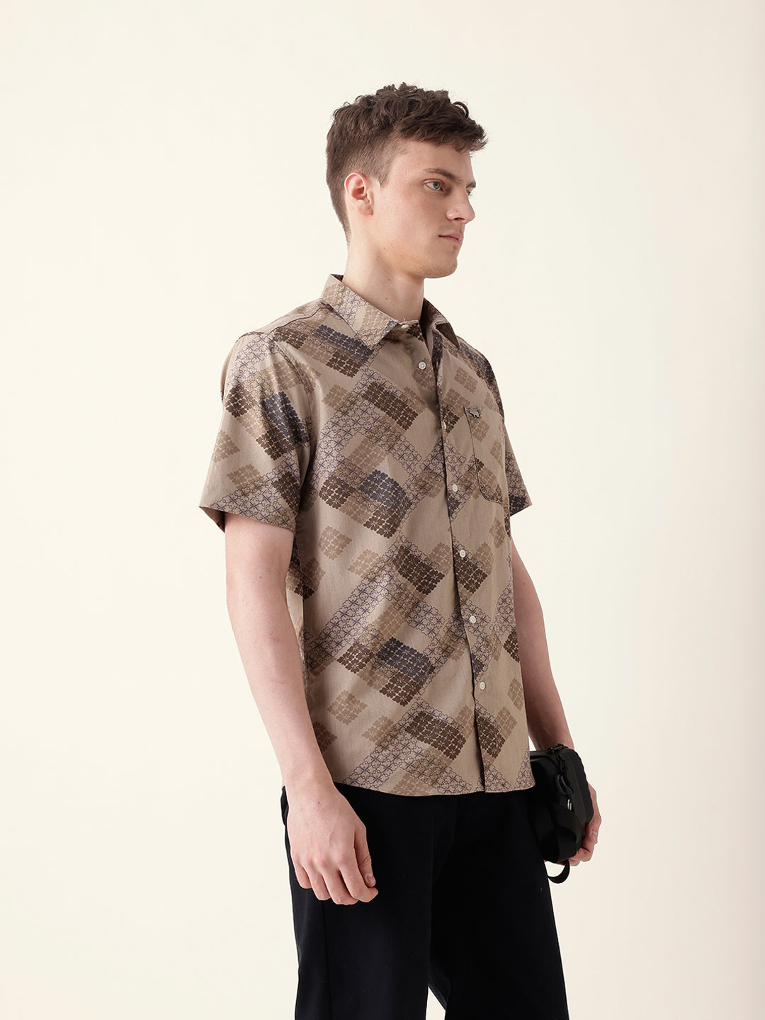 Beige Regular Fit Casual Shirt with Geometric Floral Grid Print