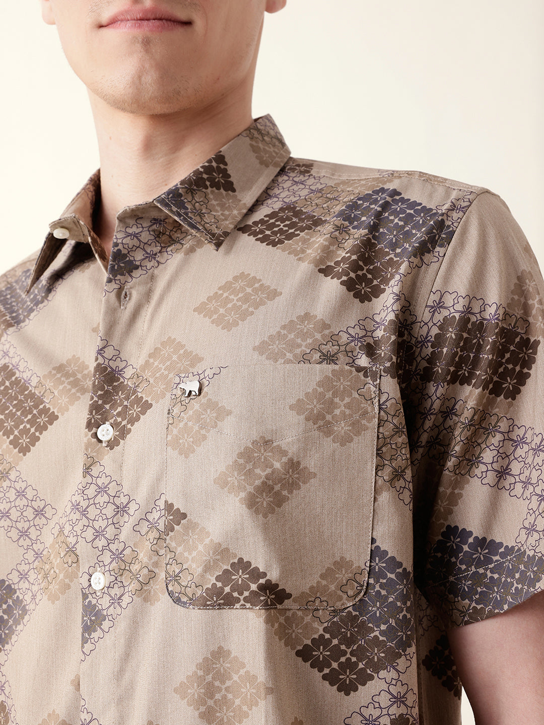 Beige Regular Fit Casual Shirt with Geometric Floral Grid Print